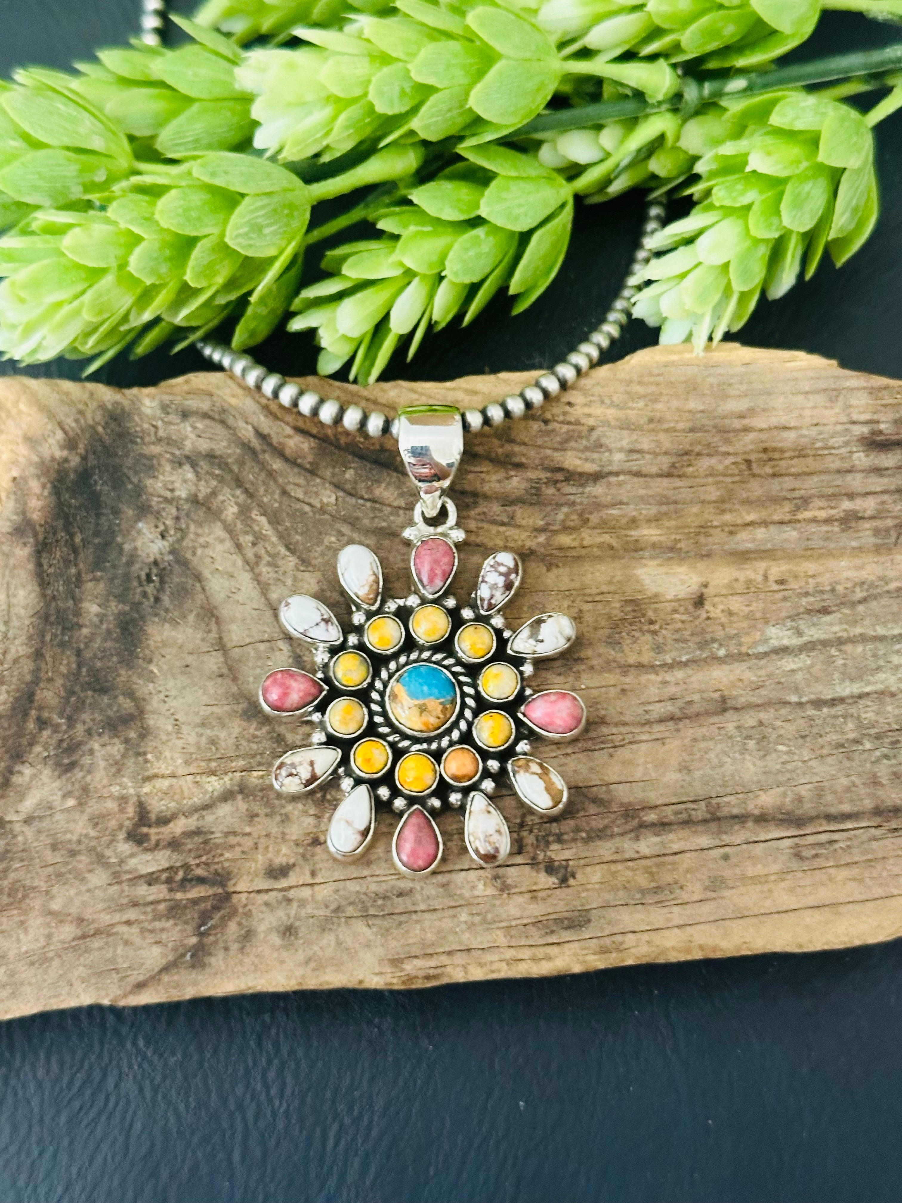 Southwest Handmade Multi Stone & Sterling Silver Cluster Pendant