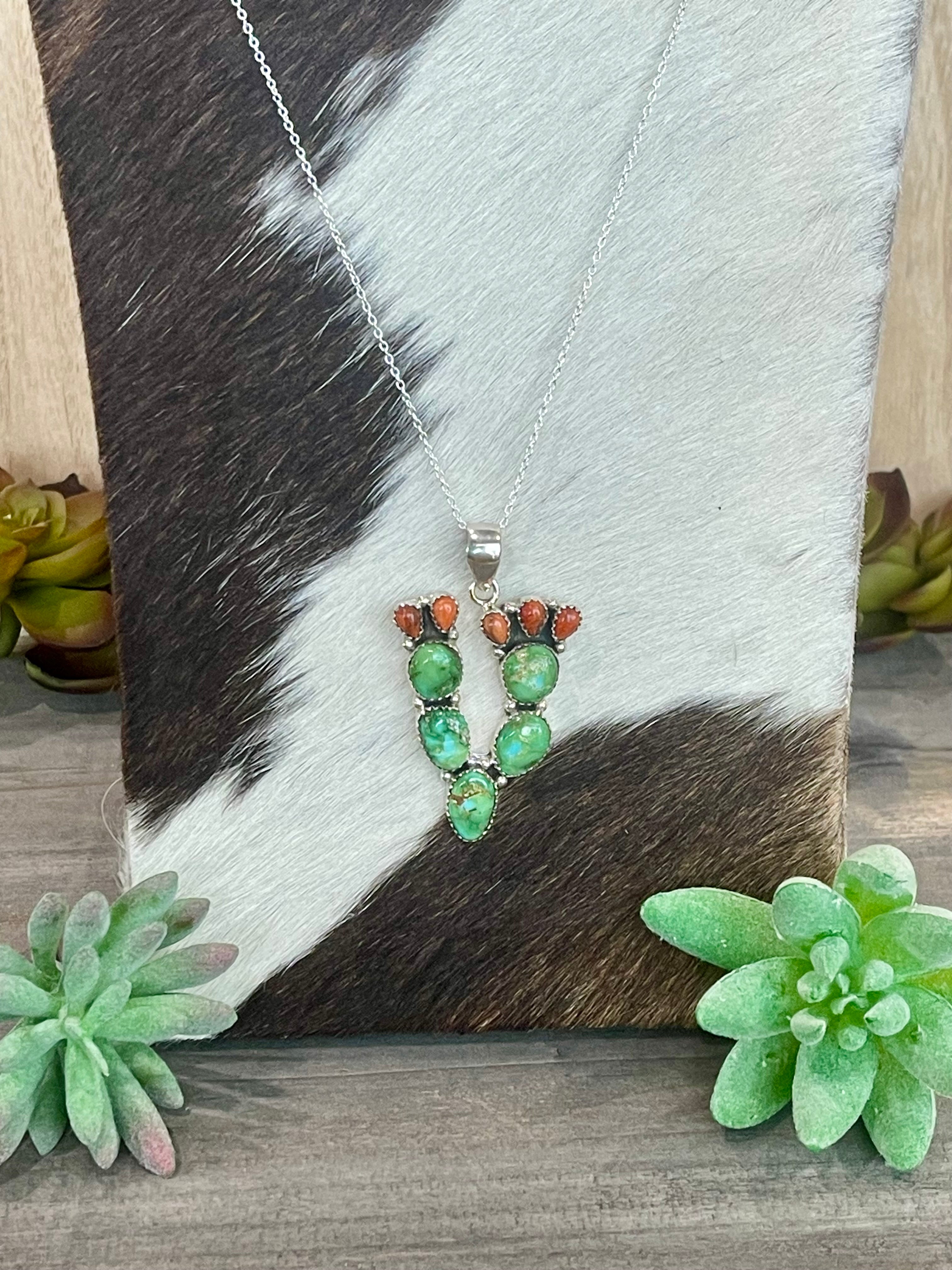 Southwest Handmade Sonoran Mountain Turquoise & Sterling Silver Prickly Pear  Necklace