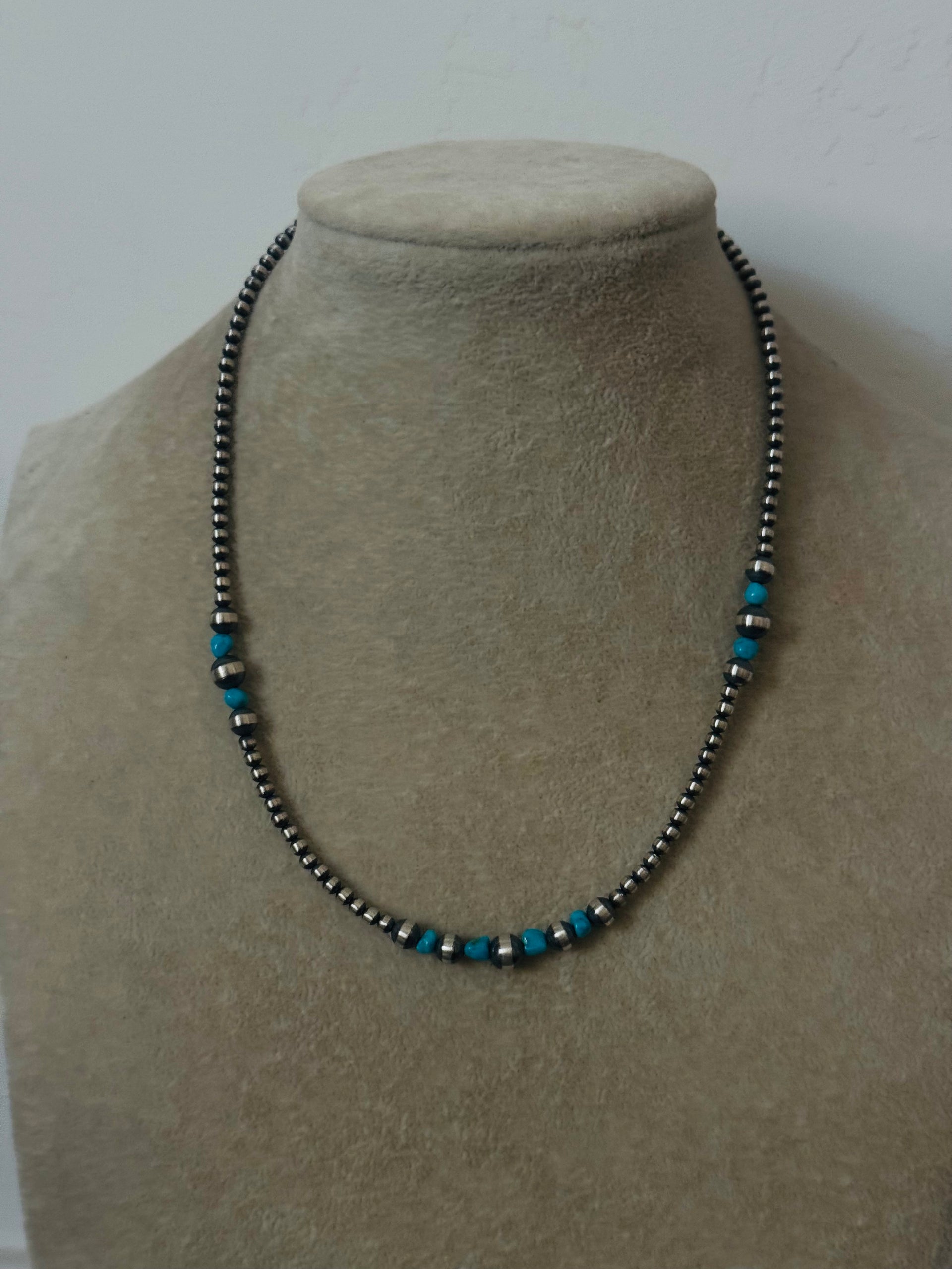 Navajo Strung Kingman Turquoise & Sterling Silver Graduated Beaded Pearl Necklace
