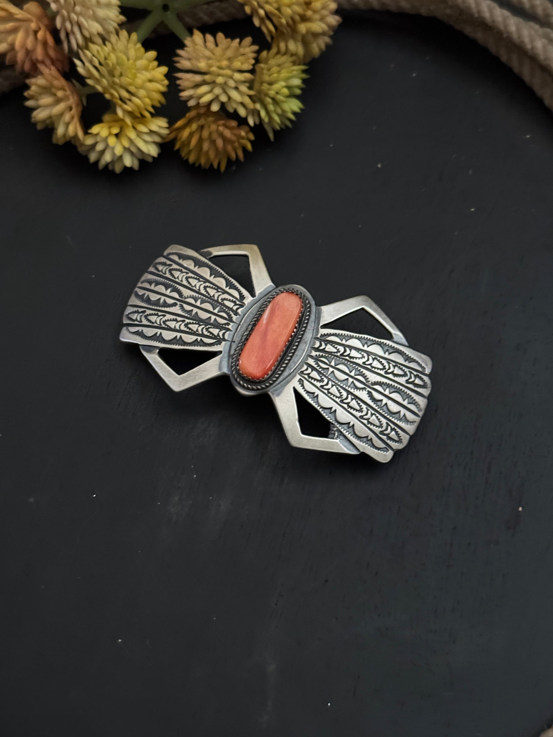Navajo Made Red Spiny Oyster & Sterling Silver Hair Barrette