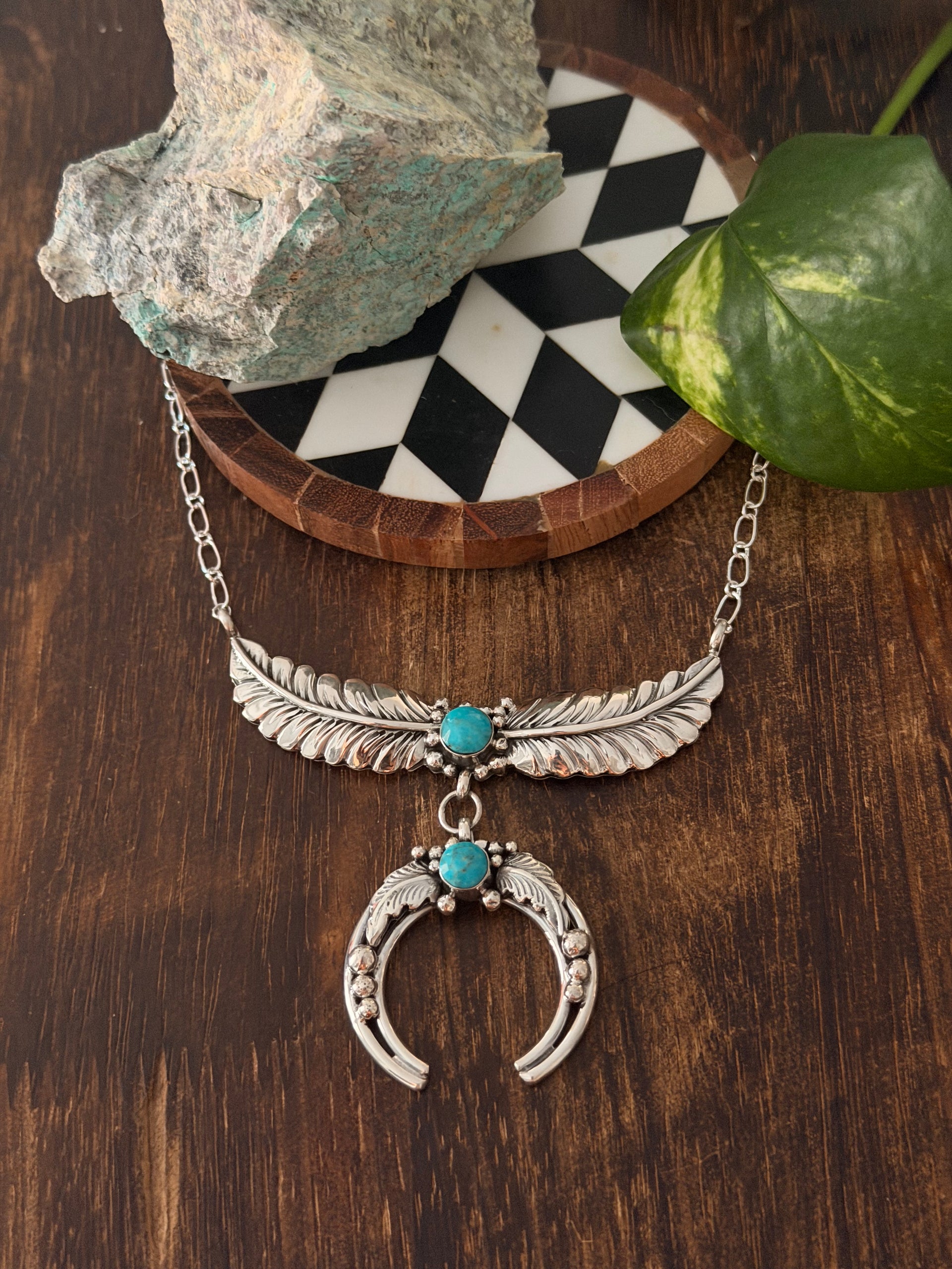 Navajo Made Kingman Turquoise and Sterling Silver Naja Necklace