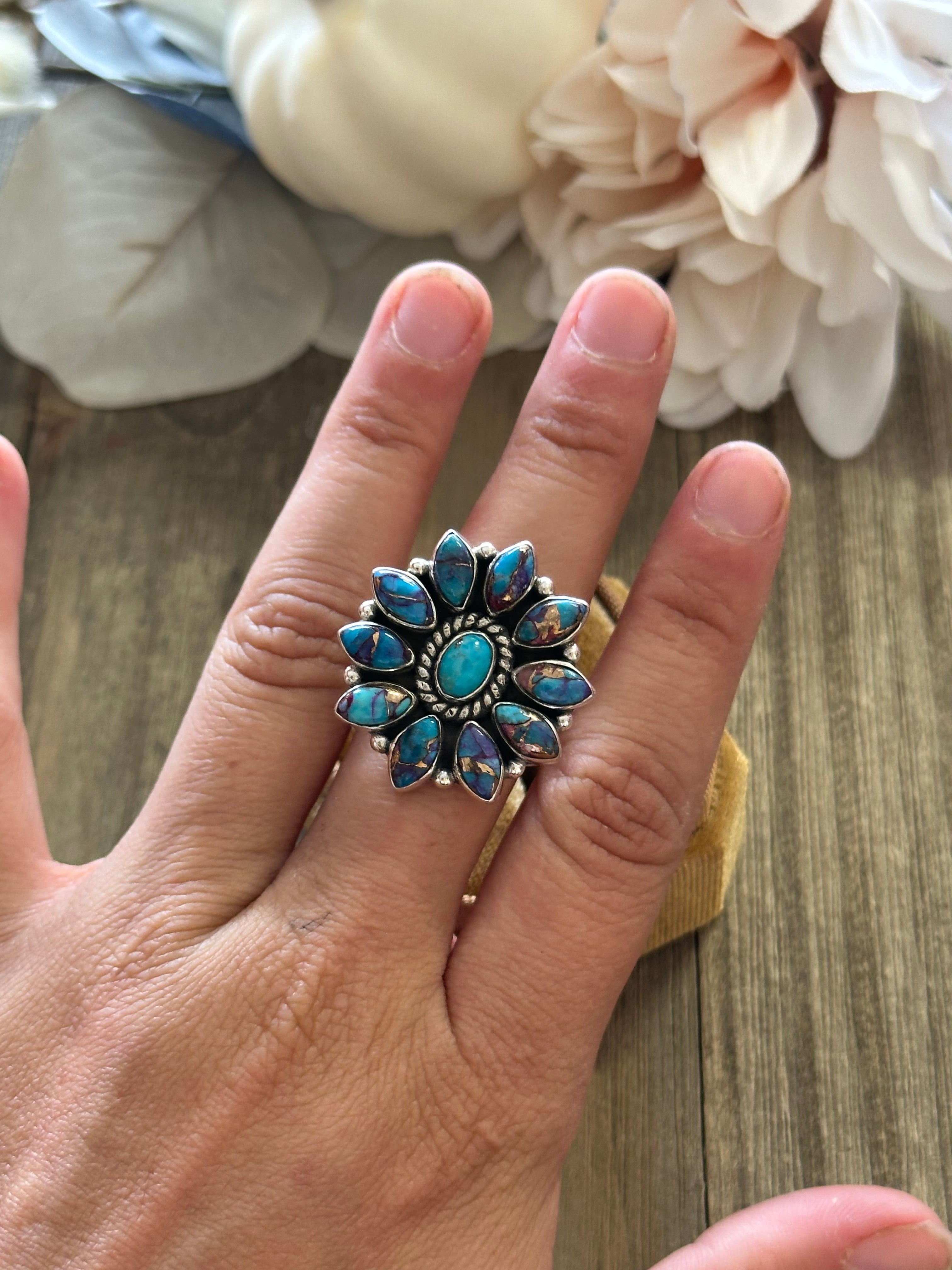 Southwest Handmade Mohave Turquoise & Sterling Silver Adjustable Cluster Ring