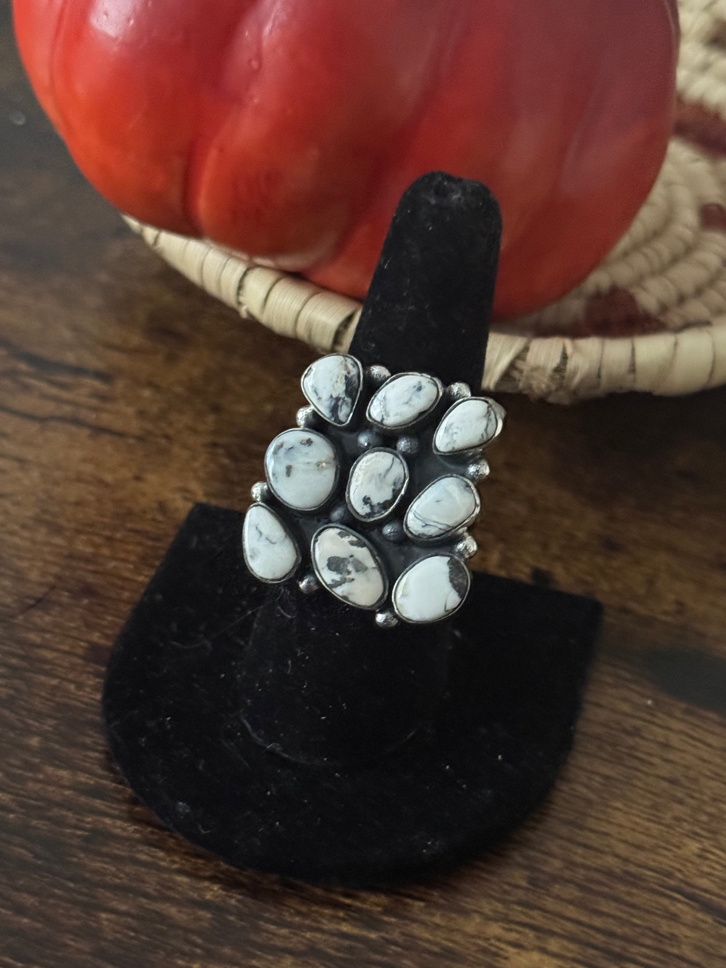 Southwest Handmade White Buffalo & Sterling Silver Adjustable Cluster Ring