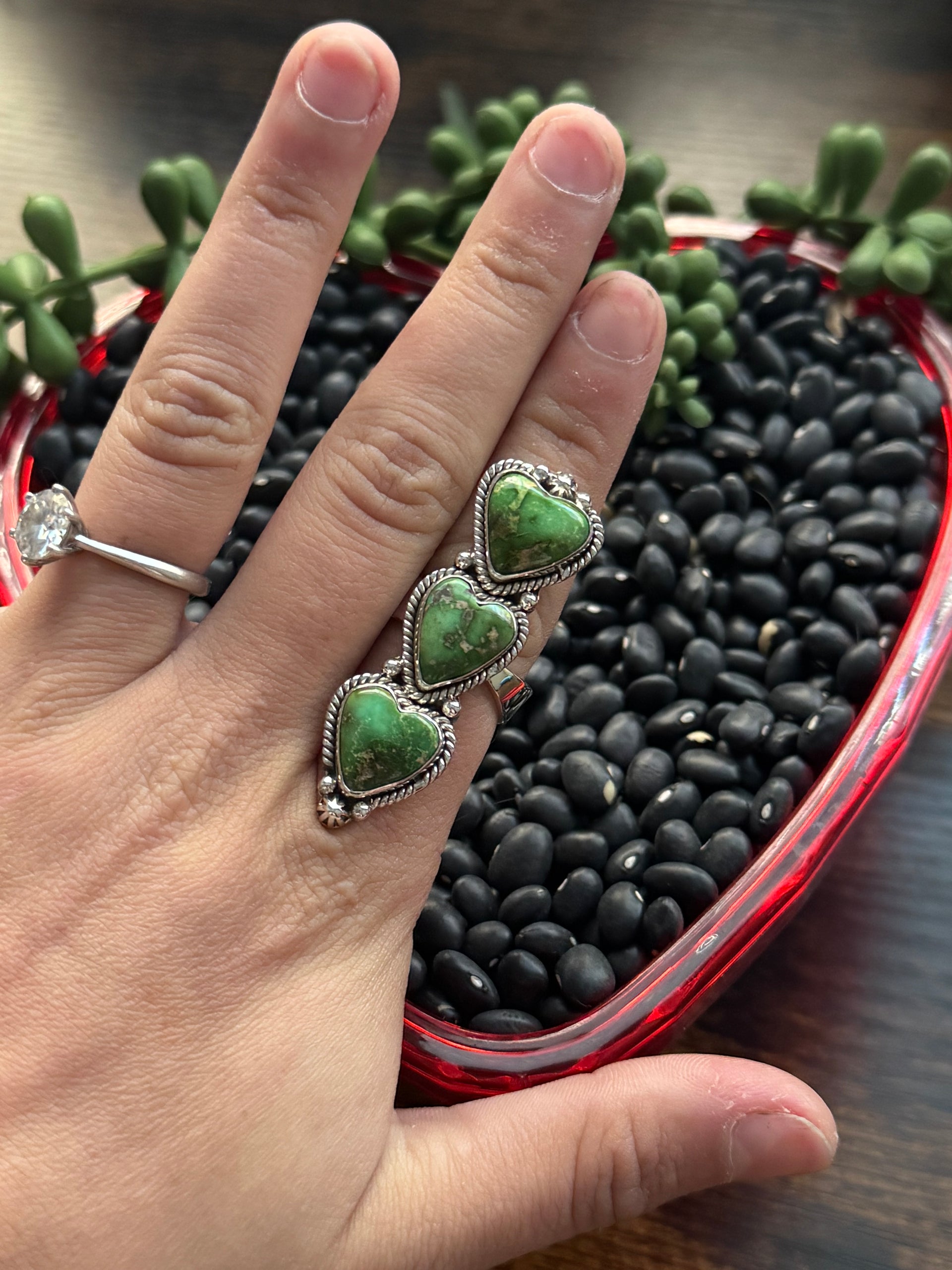 Southwest Handmade Sonoran Mountain Turquoise & Sterling Silver Adjustable Cluster Triple Heart Ring