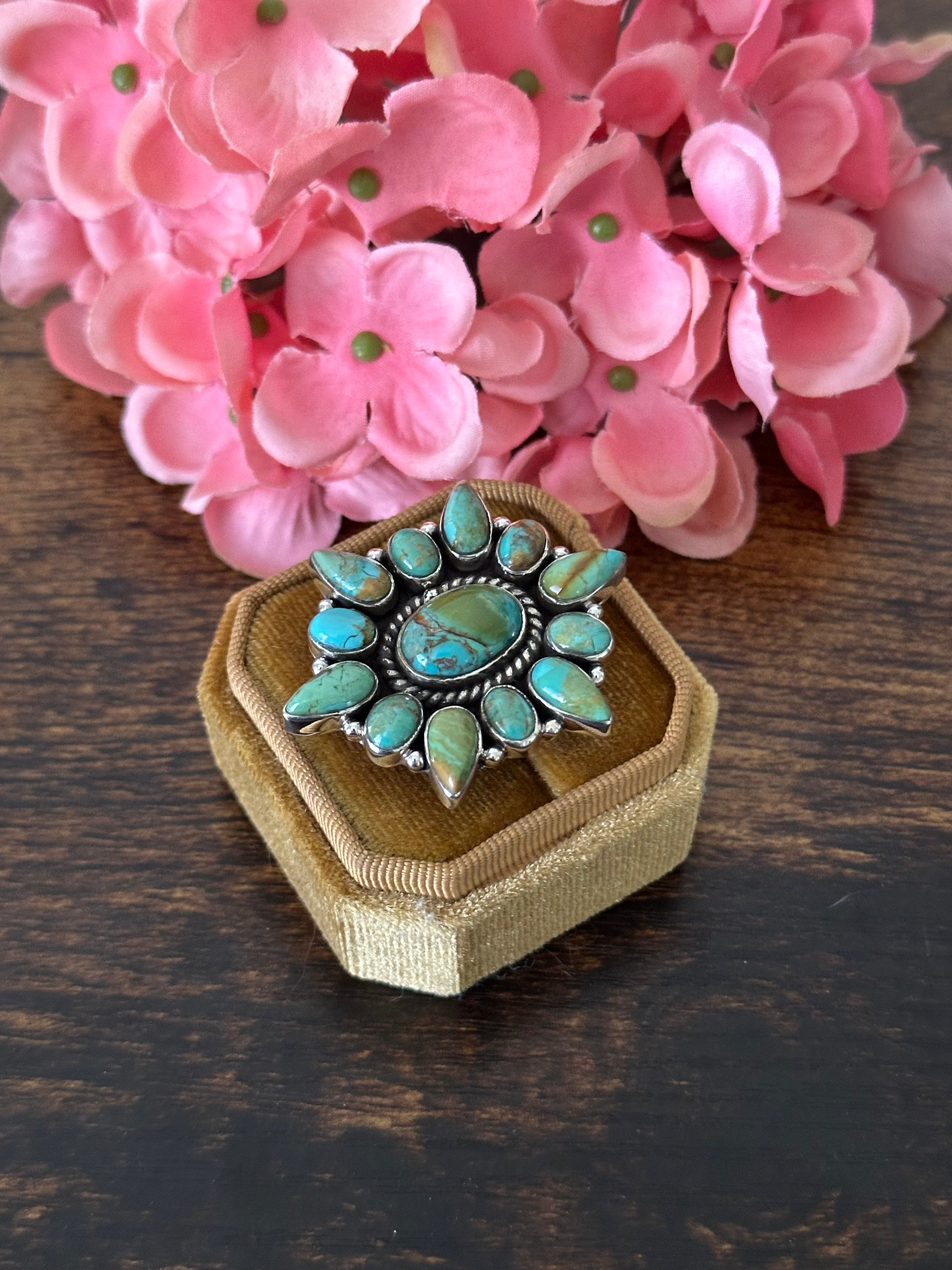 Southwest Handmade Kingman Turquoise & Sterling Silver Cluster Adjustable Ring