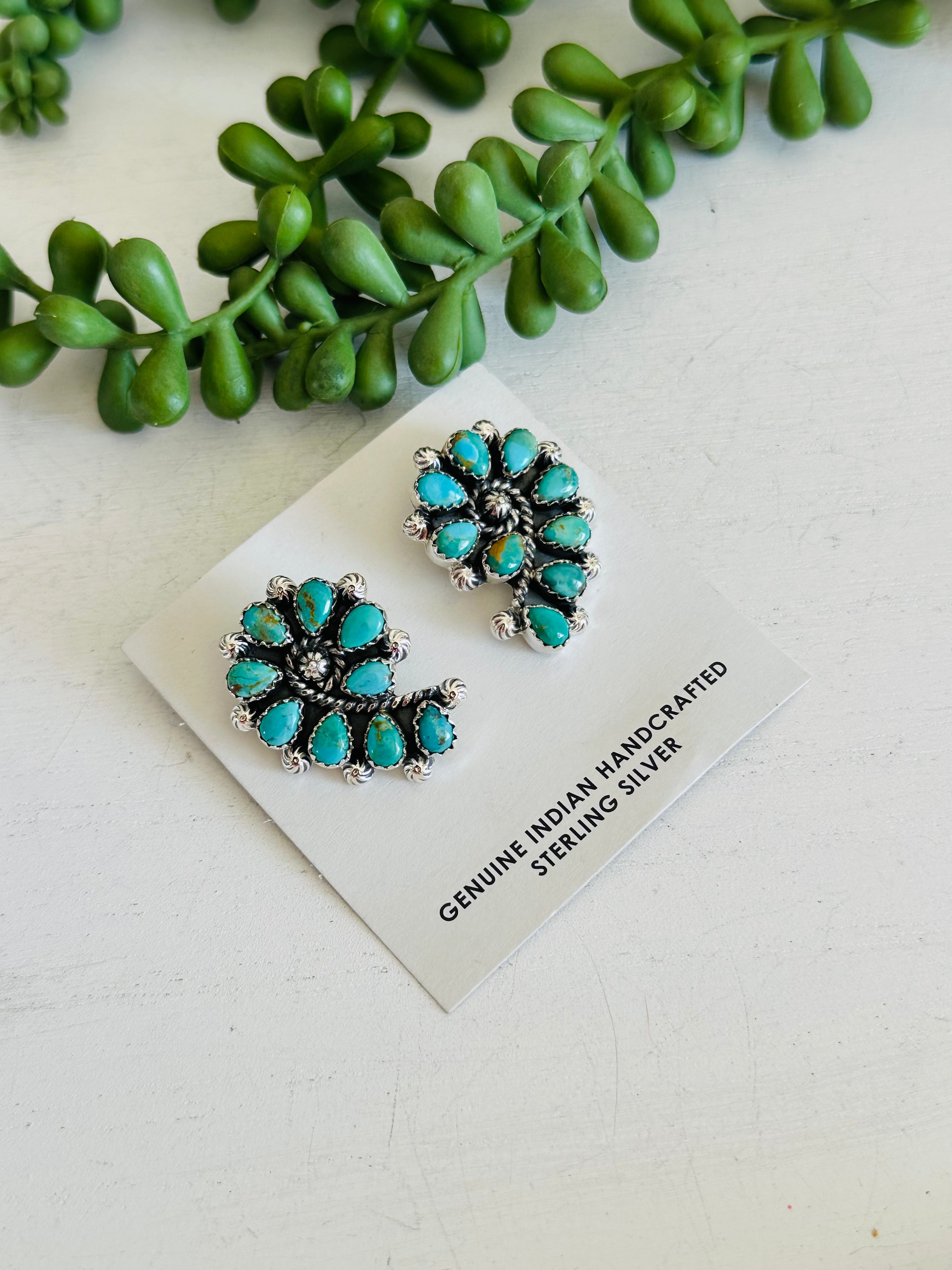 Southwest Handmade Kingman Turquoise & Sterling Silver Post Cluster Earrings