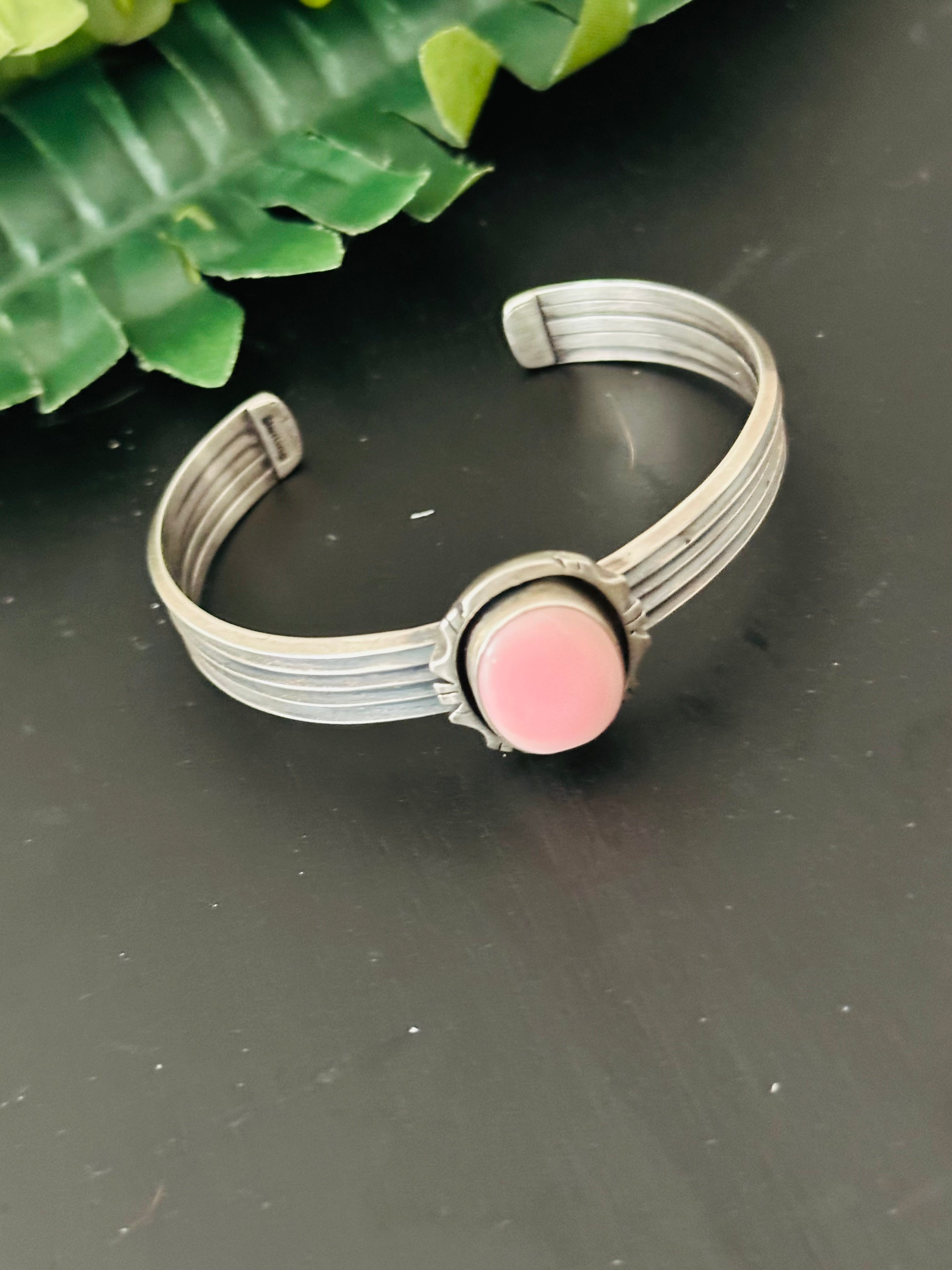 Navajo Made Pink Conch & Sterling Silver Cuff Bracelet