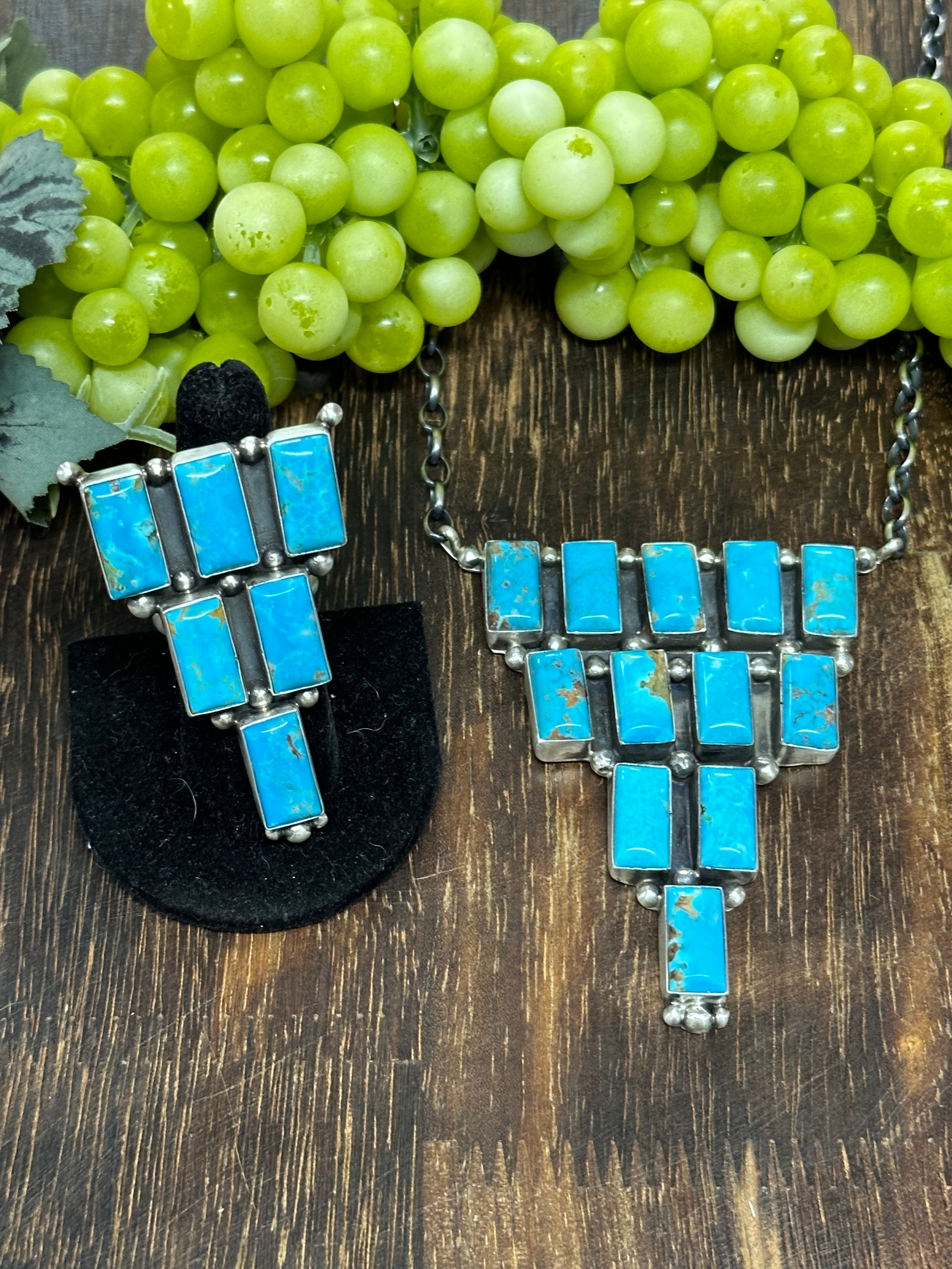 Donovan Skeets Kingman Turquoise & Sterling Silver Cluster Necklace & Adjustable Ring Set