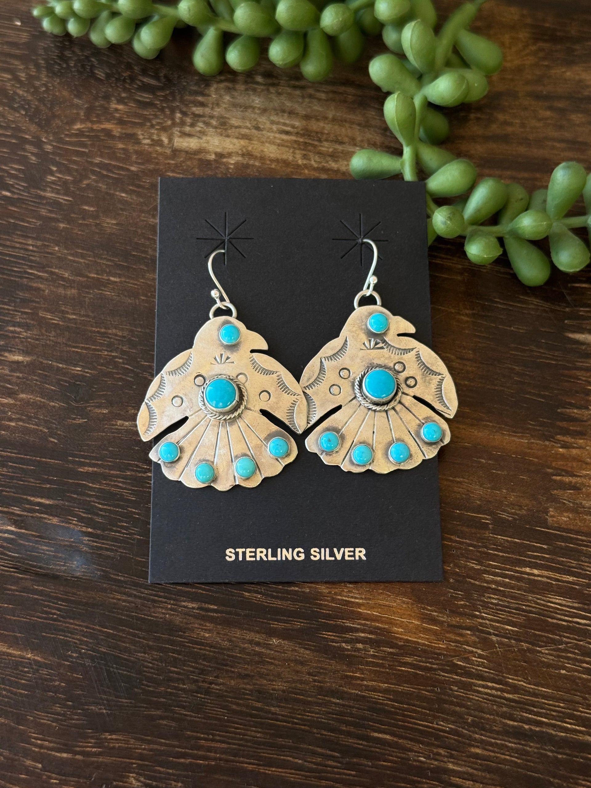 Navajo Made Turquoise & Sterling Silver Thunderbird Dangle Earrings