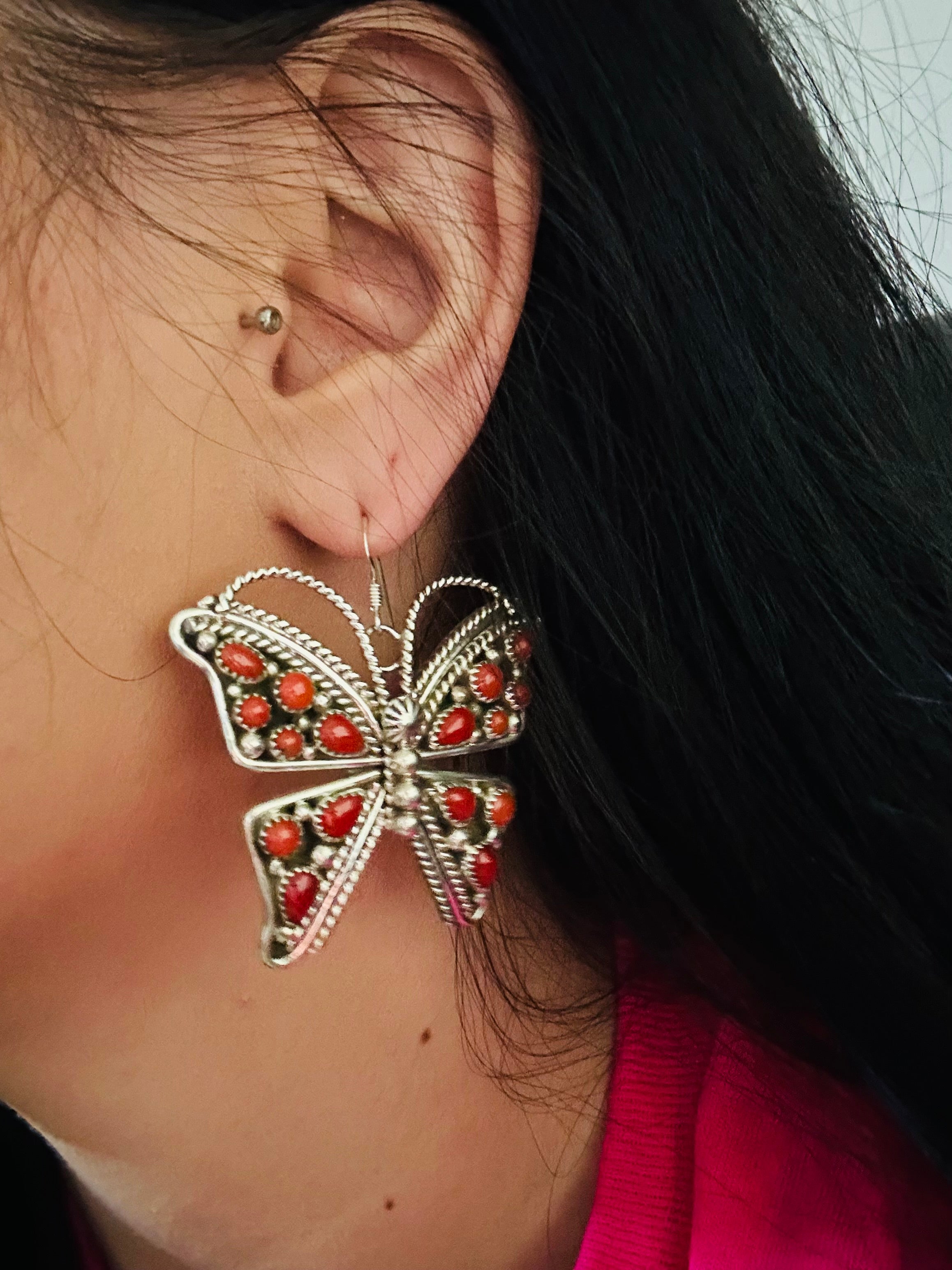 Navajo Made Coral & Sterling Silver Butterfly Dangle Earrings