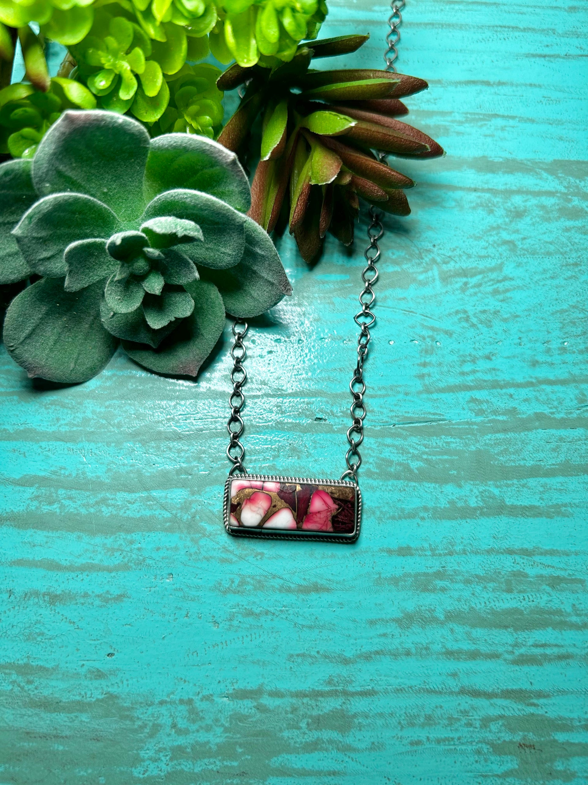 Navajo Made Rose Dahlia & Sterling Silver Necklace