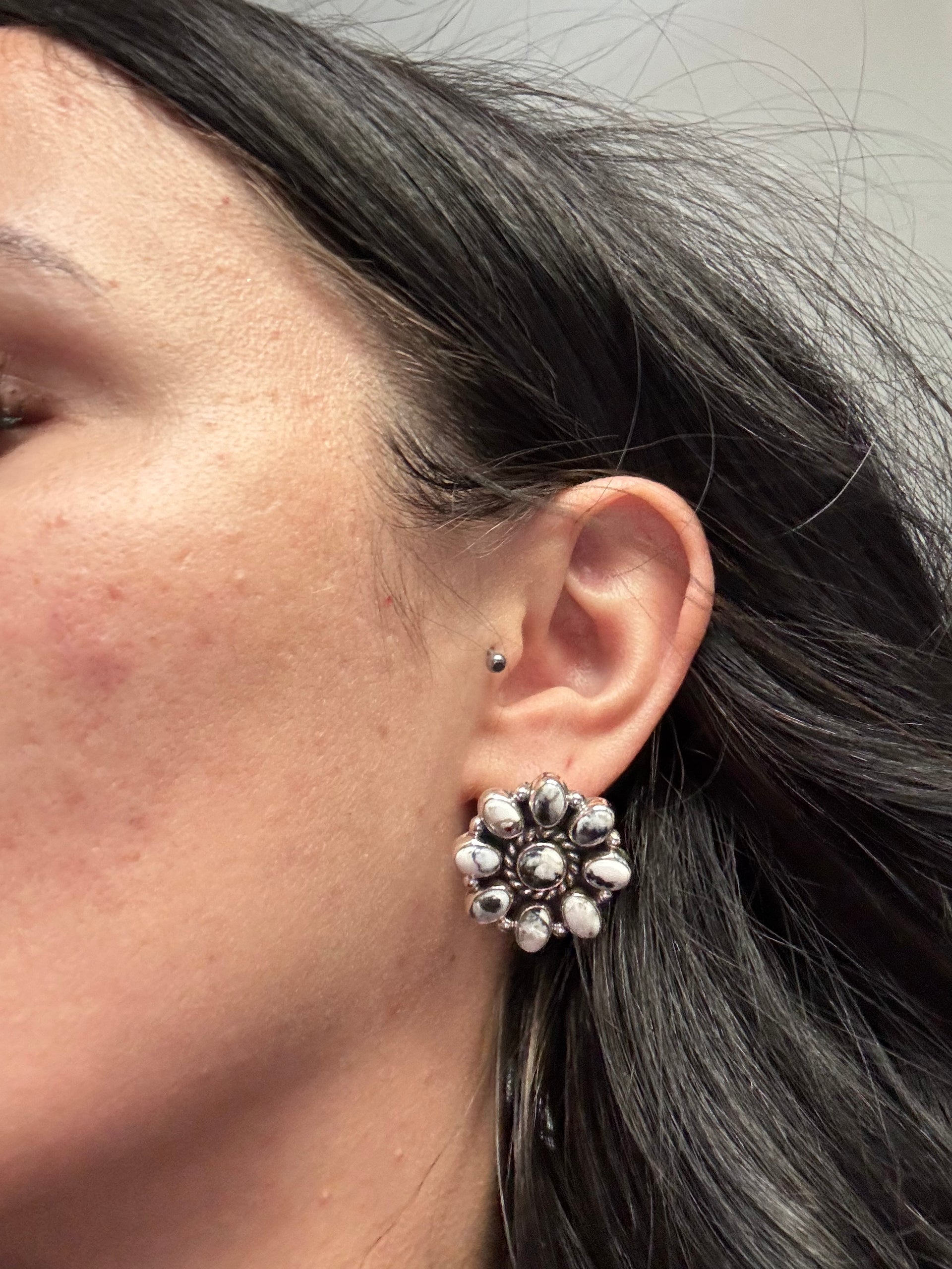 Southwest Handmade White Buffalo & Sterling Silver Post Cluster Earrings