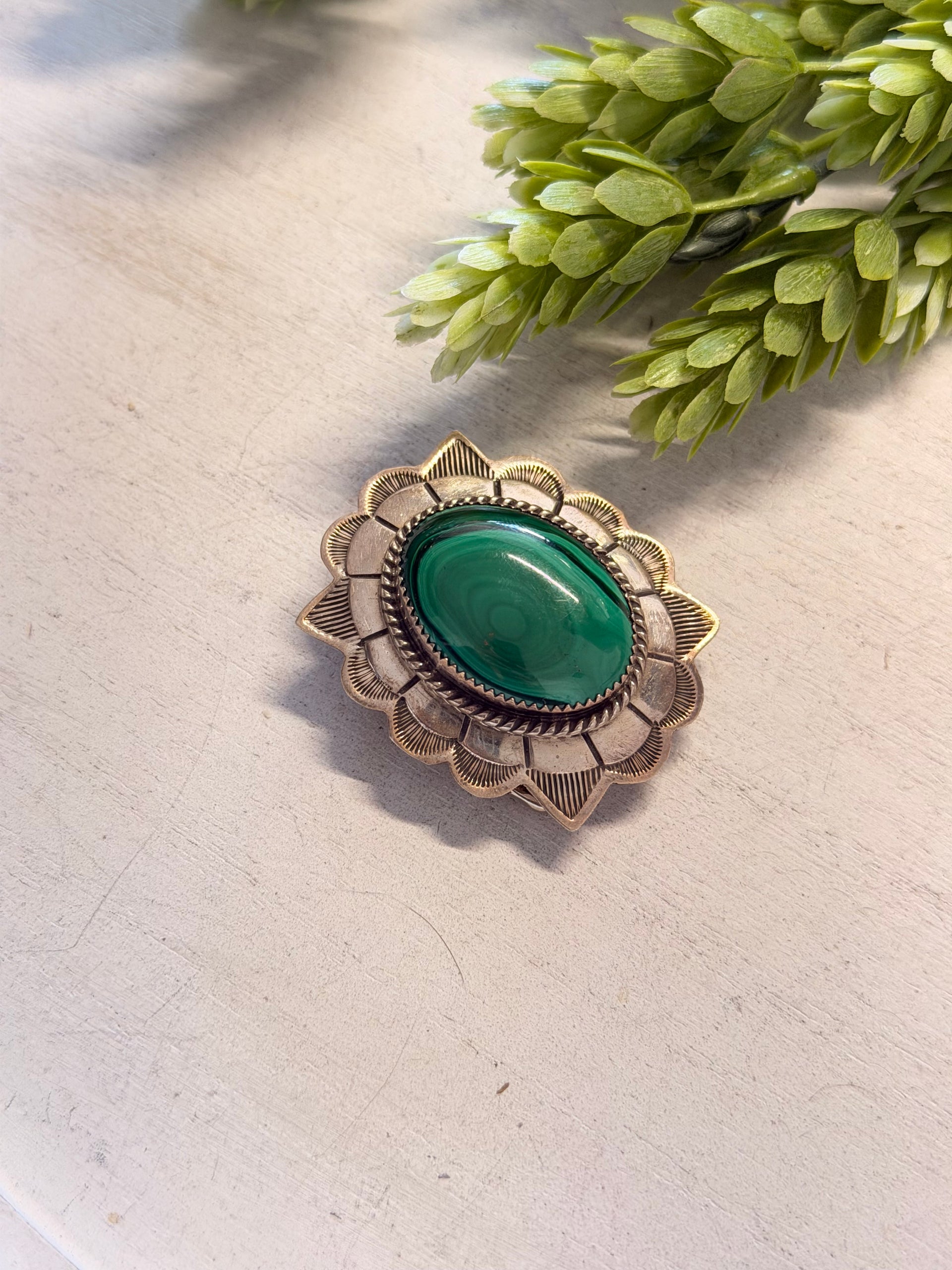 Vintage Navajo Made Malachite & Sterling Silver Belt Buckle