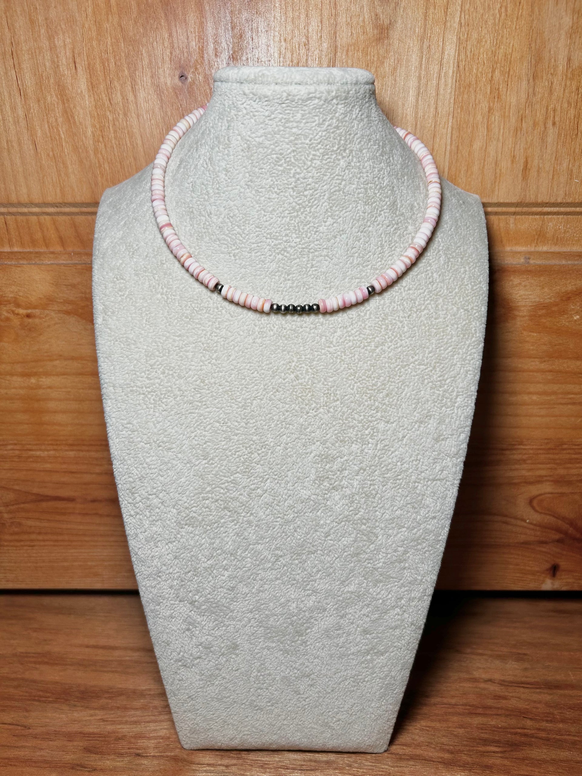 Navajo Made Strung Pink Conch & Sterling Silver Necklace Chocker