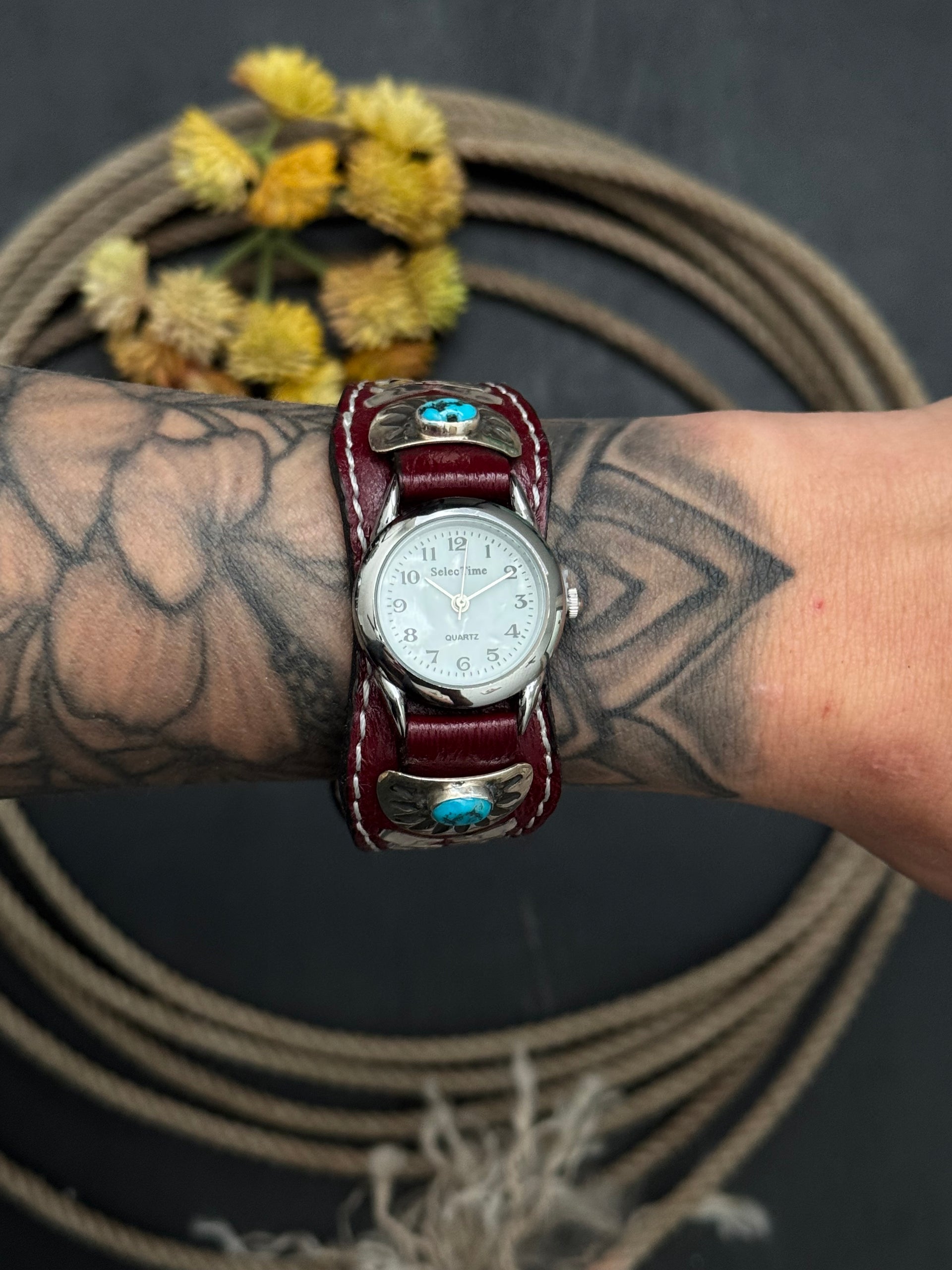 Navajo Kingman Turquoise & Sterling Silver & Genuine Leather Watch