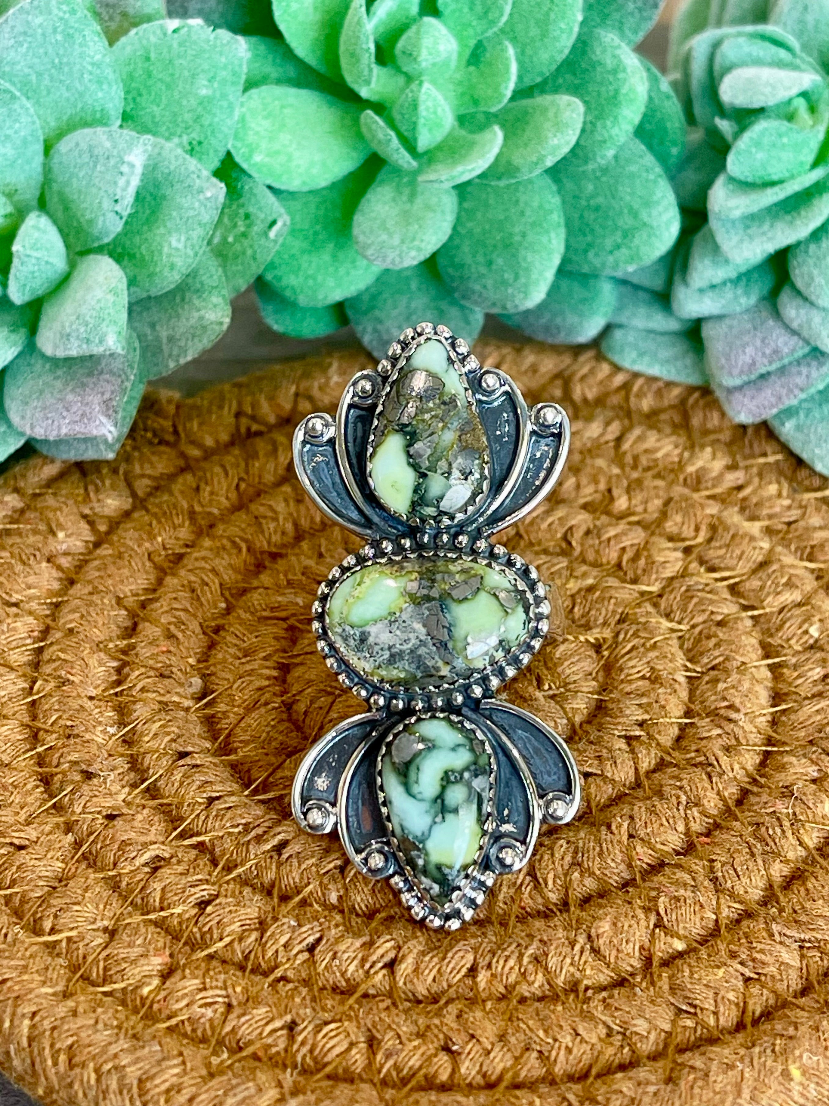 Southwest Handmade Palomino Variscite & Sterling Silver Adjustable 3 Stone Ring