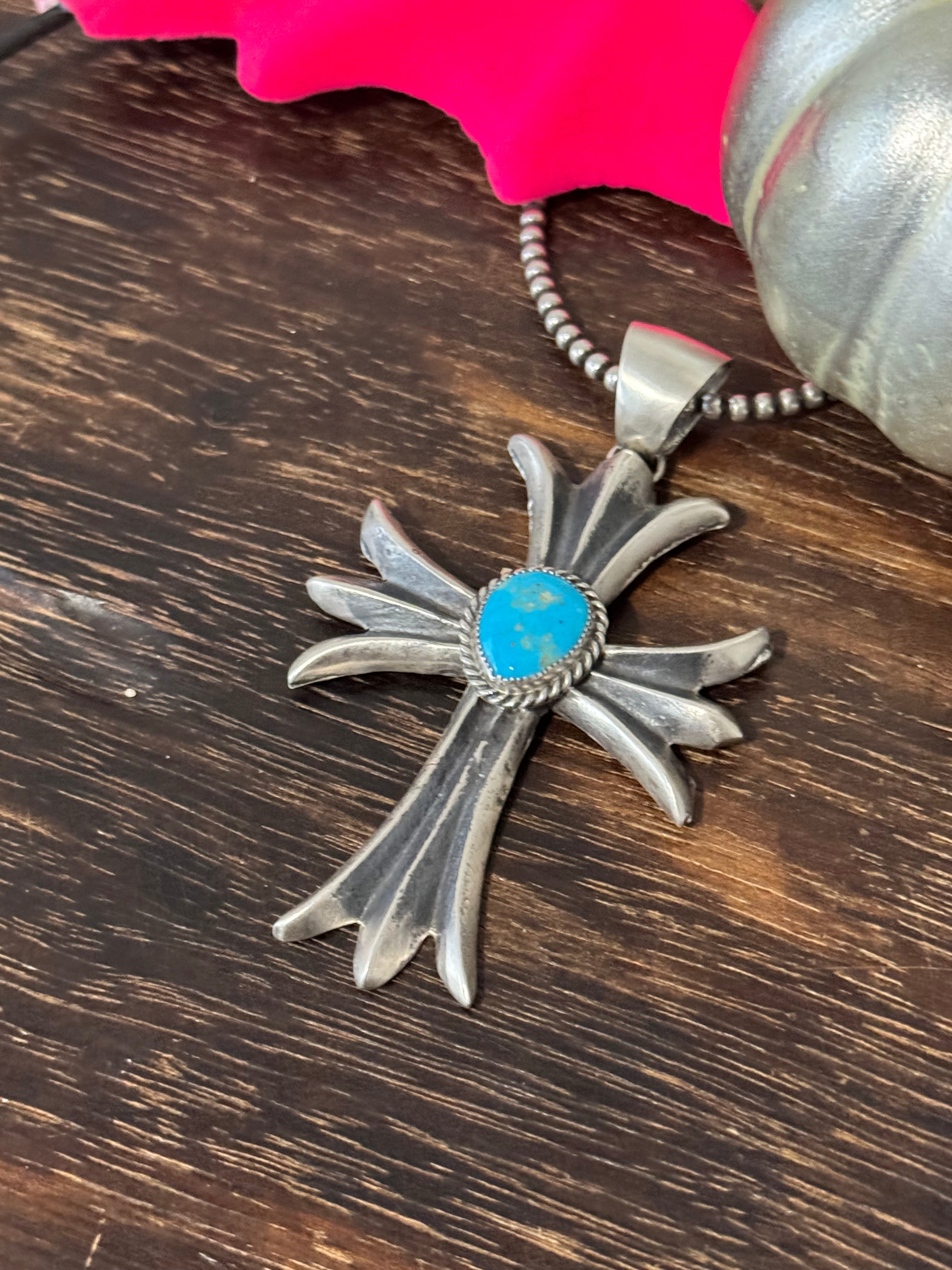 Navajo Made Kingman Turquoise & Sterling Silver Cross Pendant