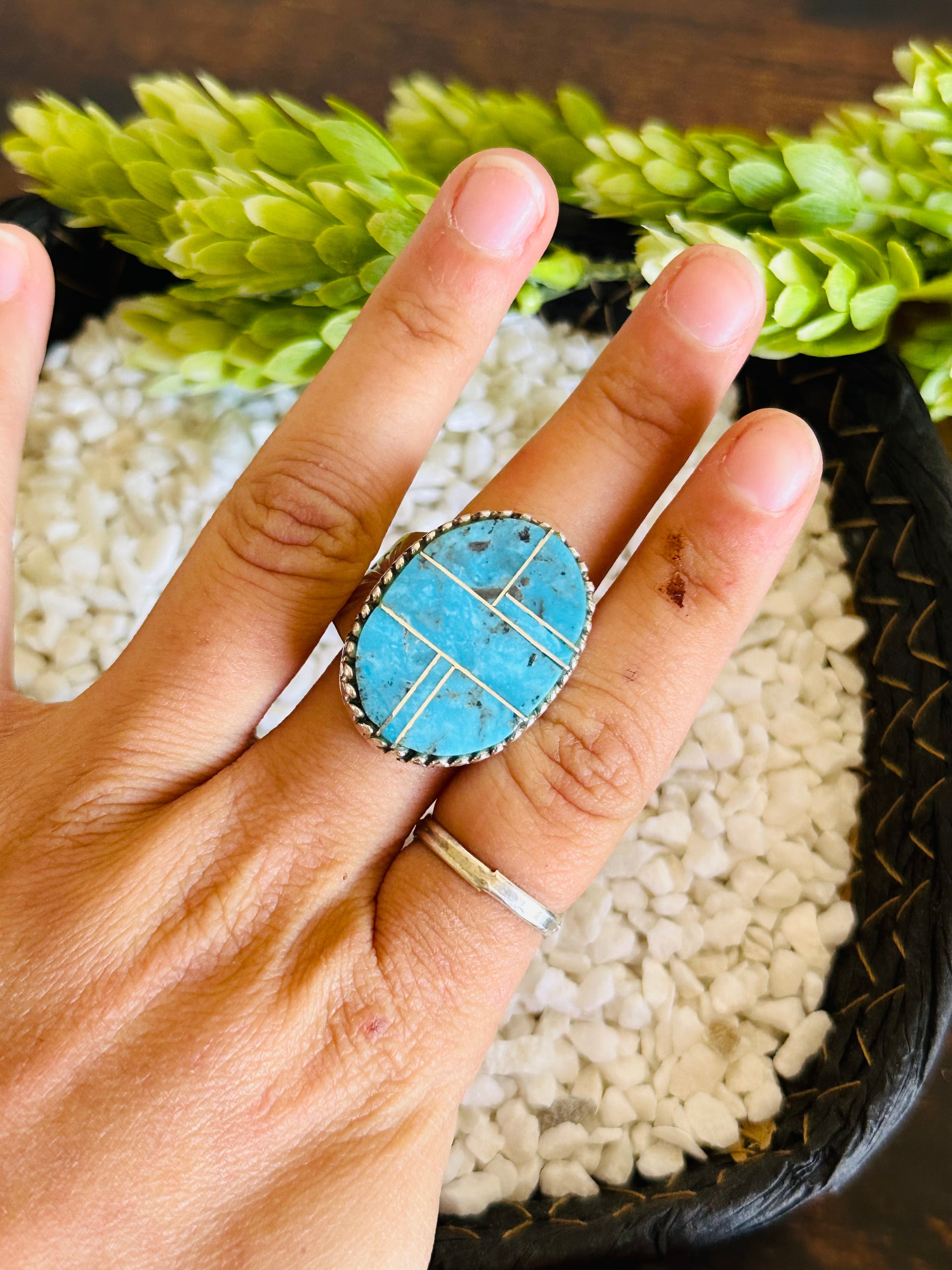 Larry Kaye Kingman Turquoise & Sterling Silver Adjustable Inlay Ring