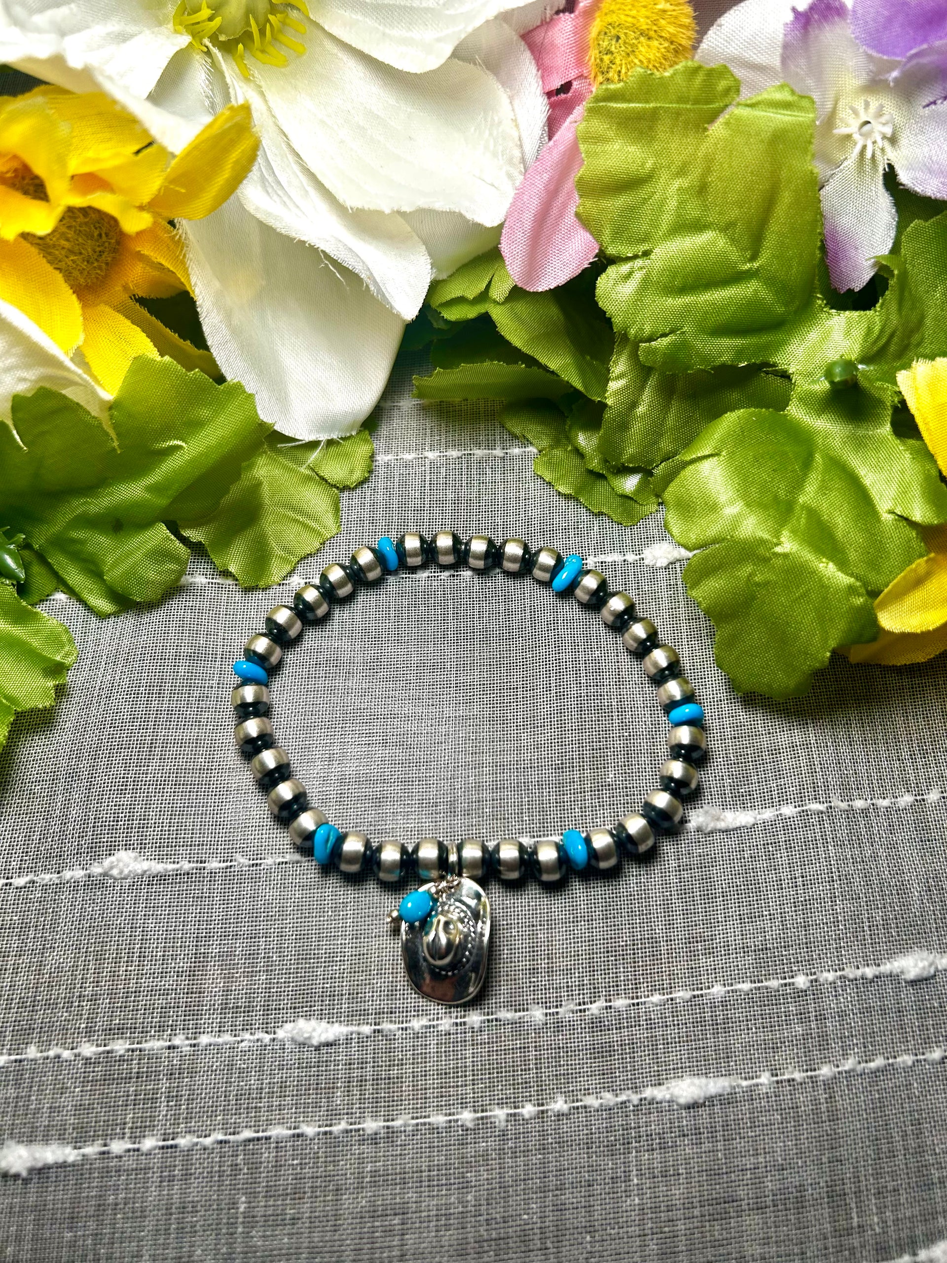 Navajo Made Kingman Turquoise & Sterling Silver Strung Stretchy Bracelet