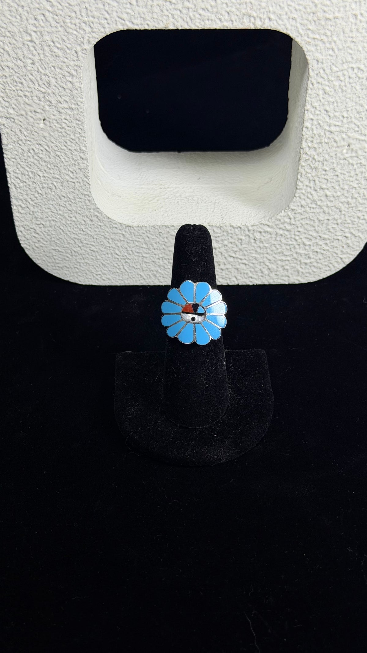Zuni Made Multi Stone & Sterling Silver Inlay Sunface Ring Size 6.75