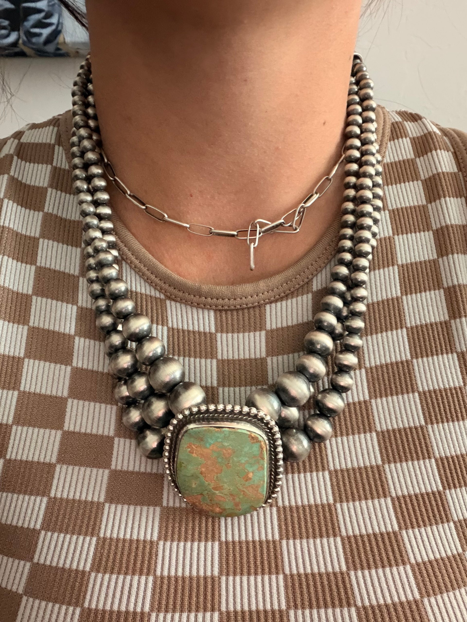 Elaine Skeets Made Royston Turquoise & Sterling Silver 3 Strand Beaded Necklace