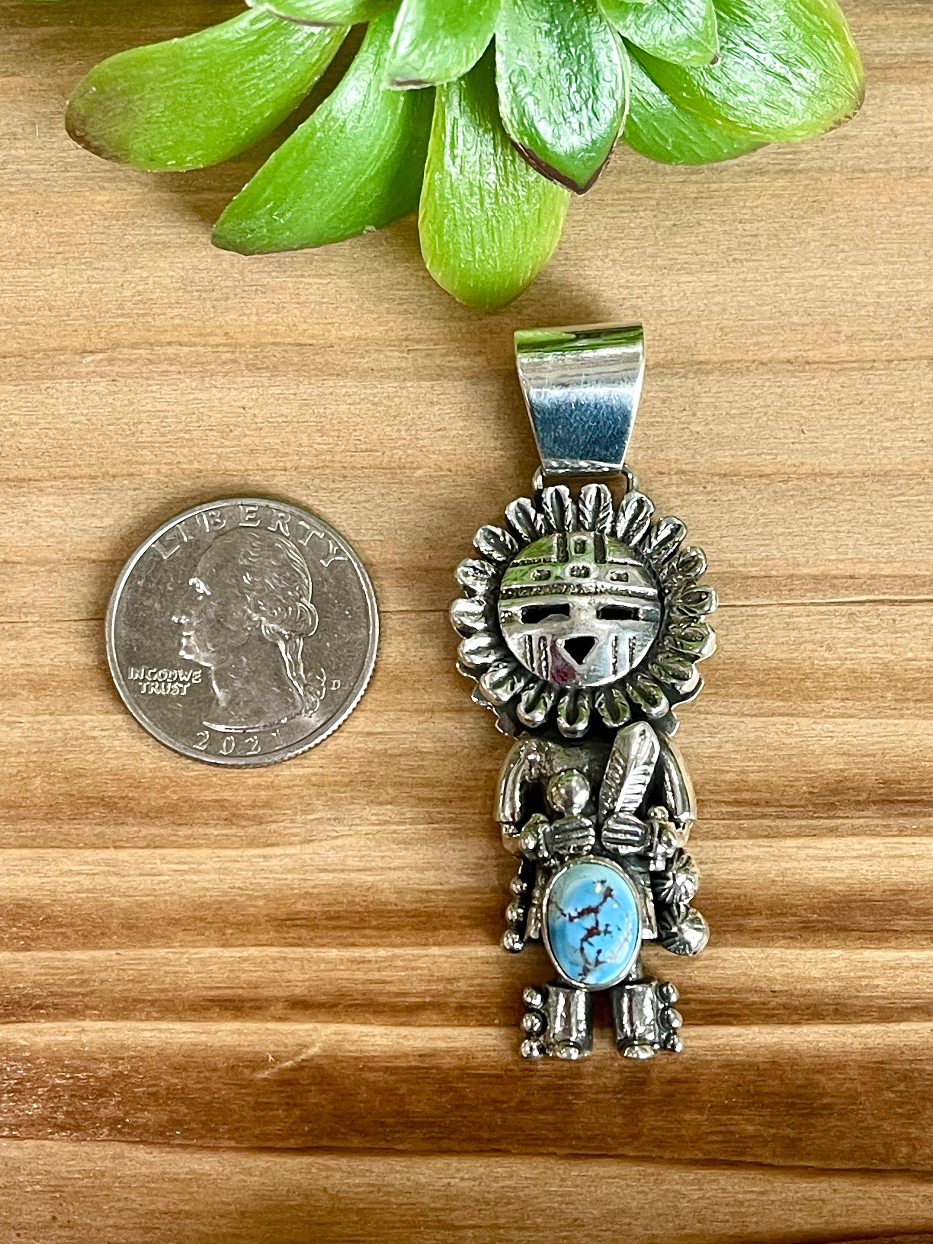 Southwest Handmade Golden Hills Turquoise & Sterling Silver Kachina Pendant