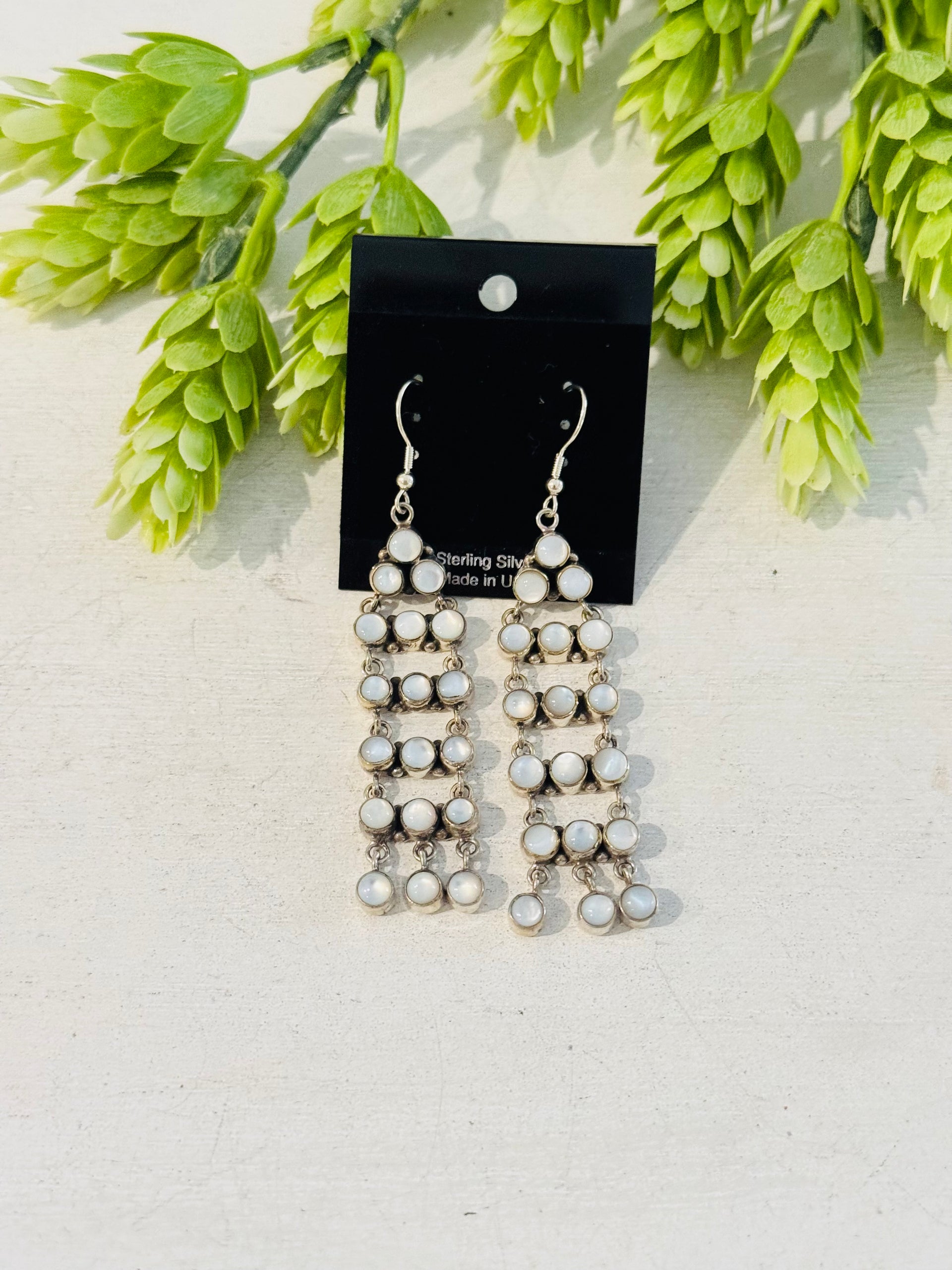 Southwest Made White Mother of Pearl & Sterling Silver Dangle Earrings