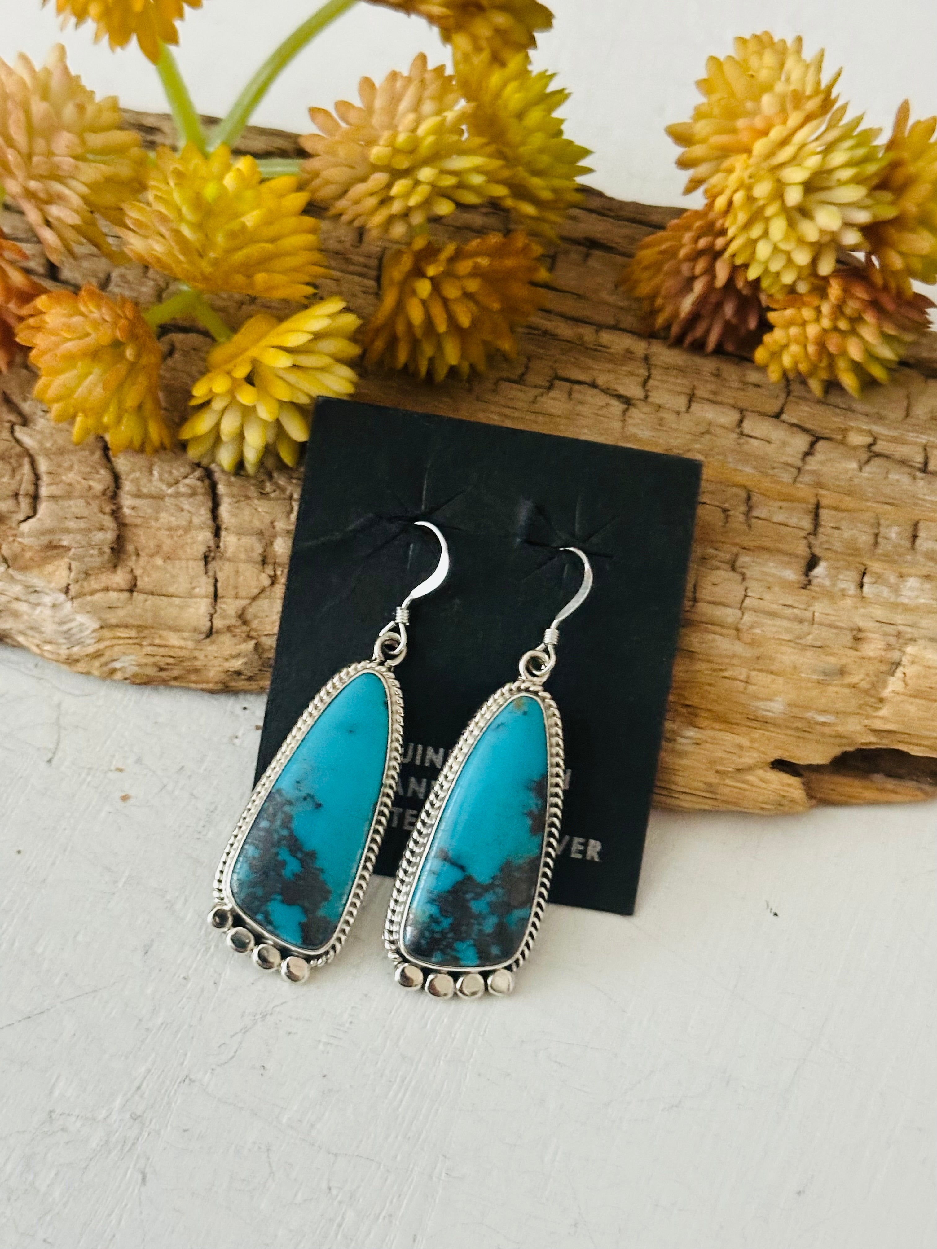 Navajo Made Kingman Turquoise & Sterling Silver Dangle Earrings