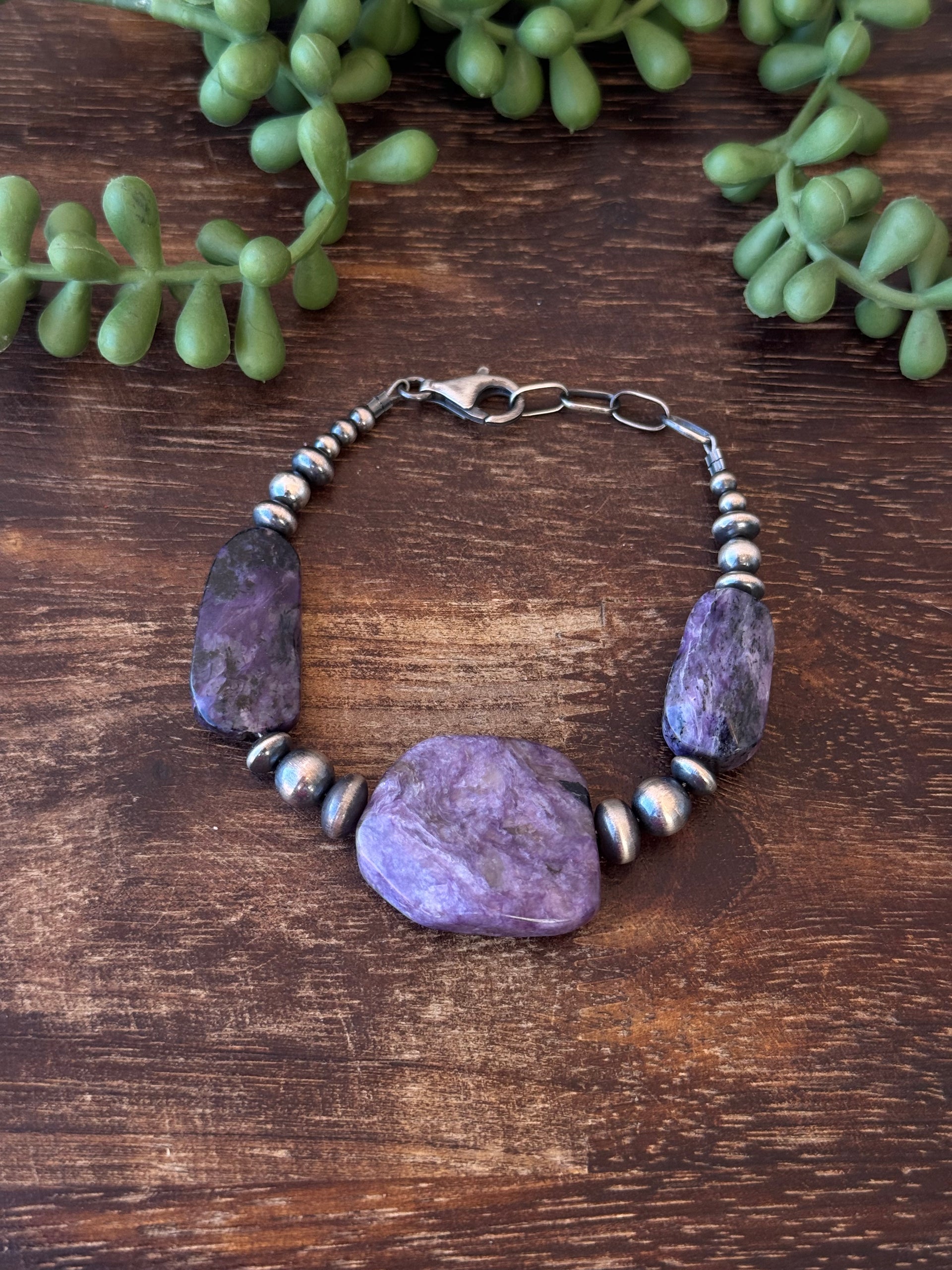Navajo Strung Charoite & Sterling Silver Pearl Bracelet