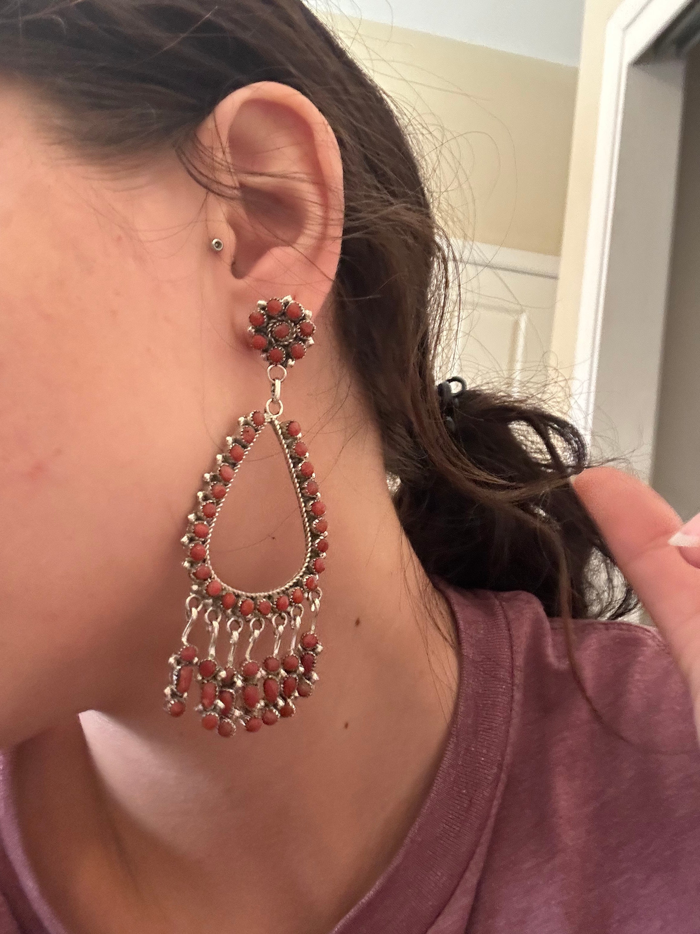 Phyllis Laatti Red Coral & Sterling Silver Post Dangle Earrings