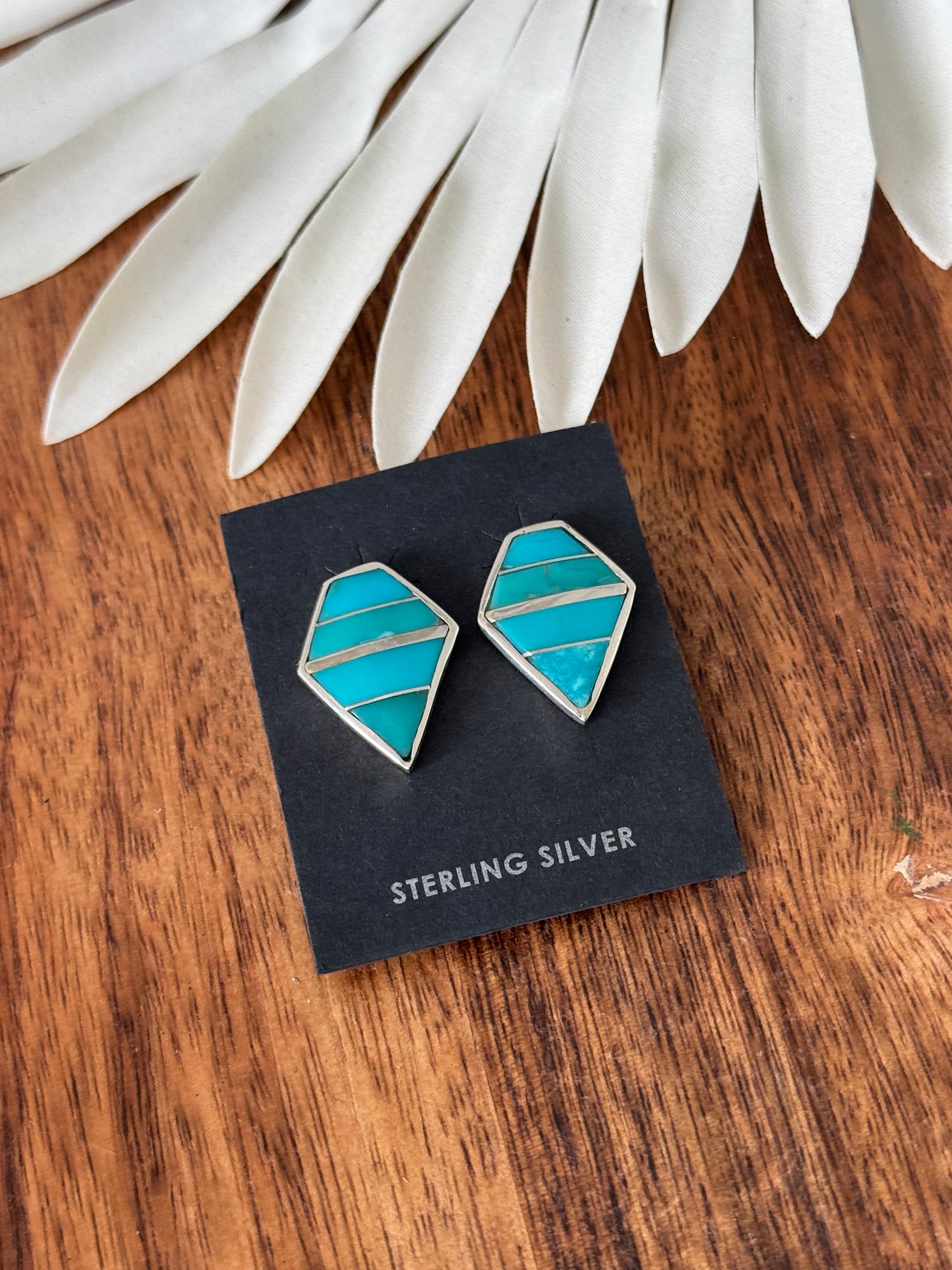 Navajo Made Kingman Turquoise & Sterling Silver Inlay Post Earrings