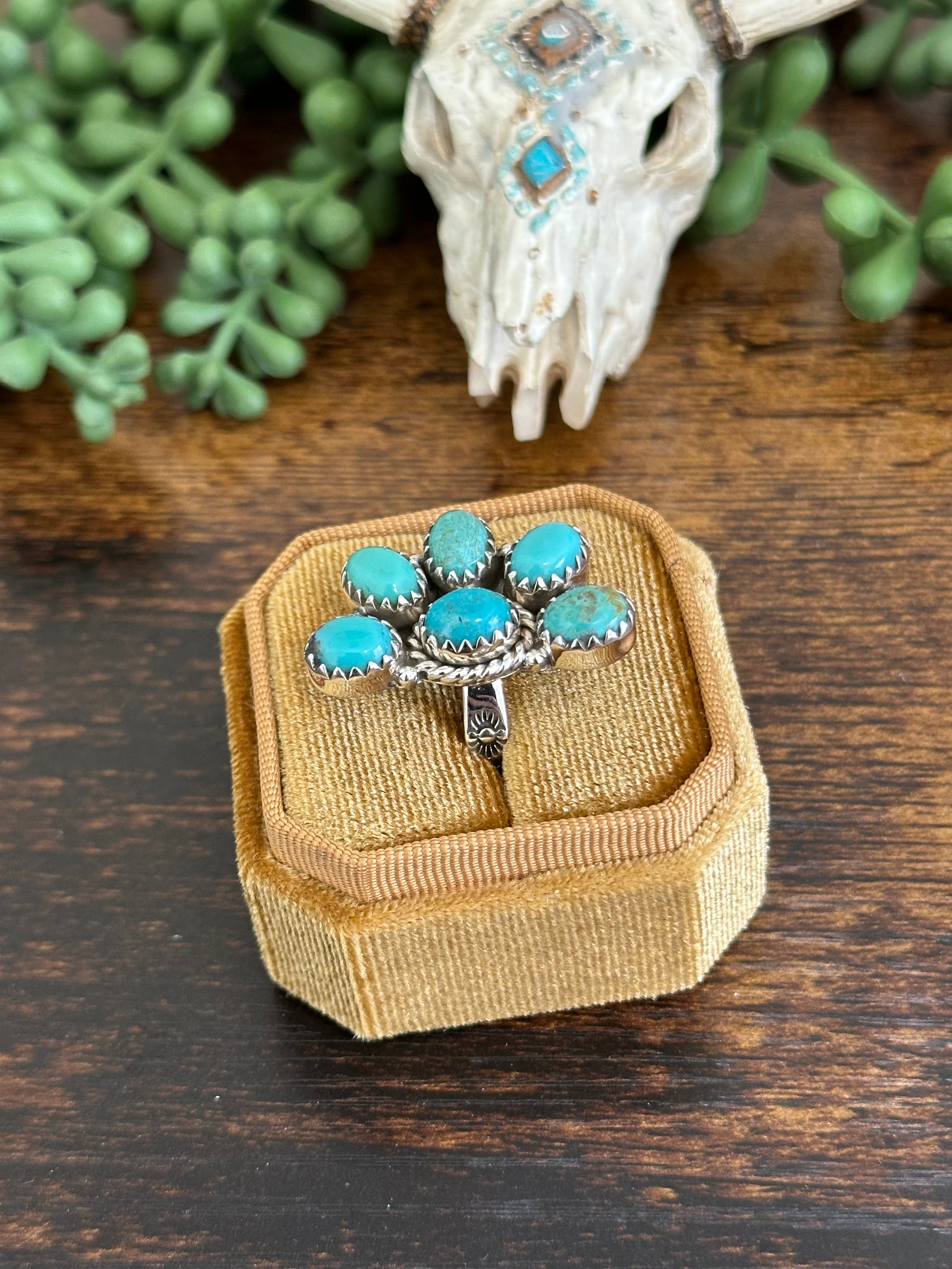 Southwest Handmade Kingman Turquoise & Sterling Silver Adjustable Cluster Ring