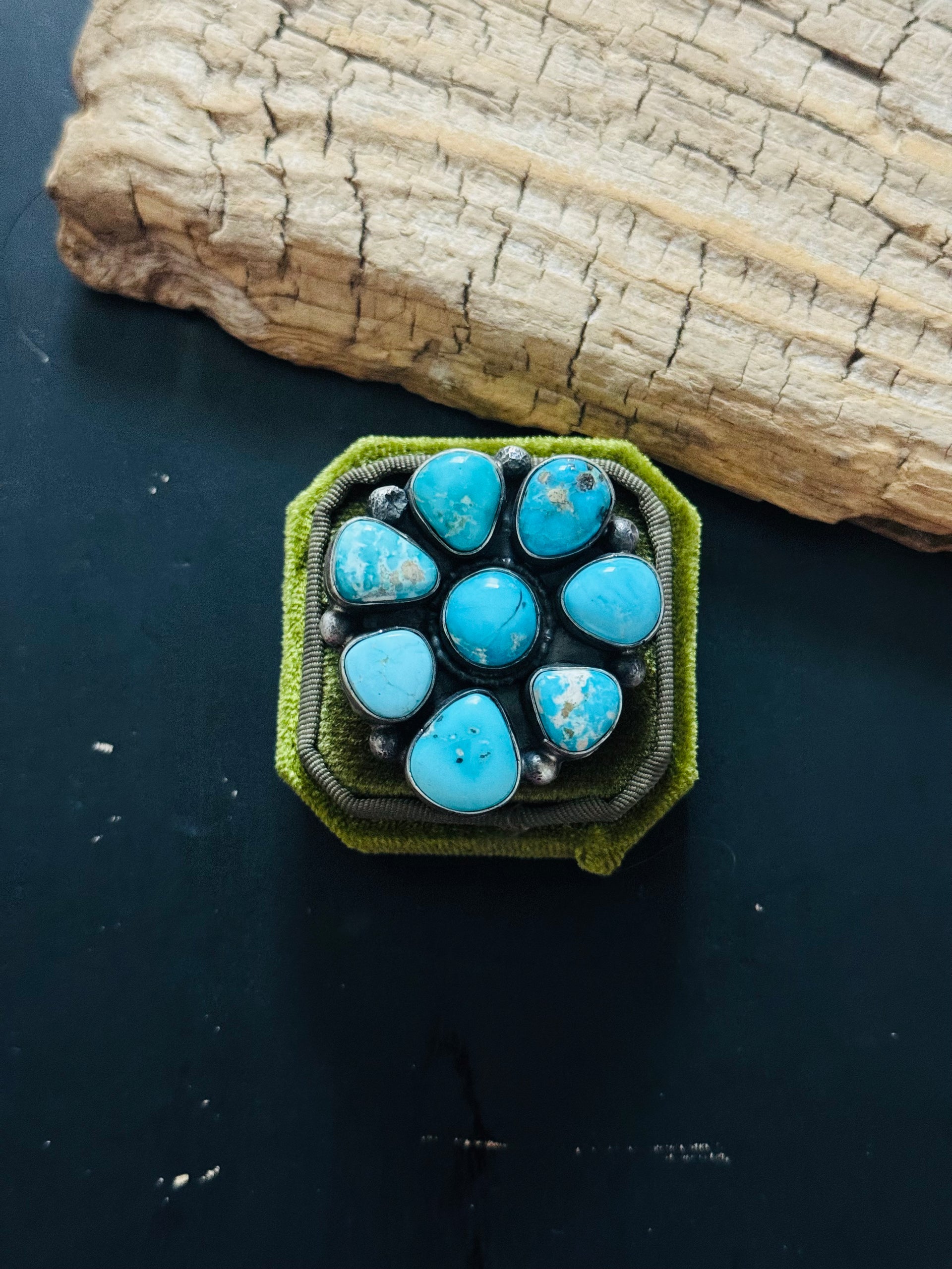 Navajo Made Blue Ridge Turquoise & Sterling Silver Adjustable Cluster Ring