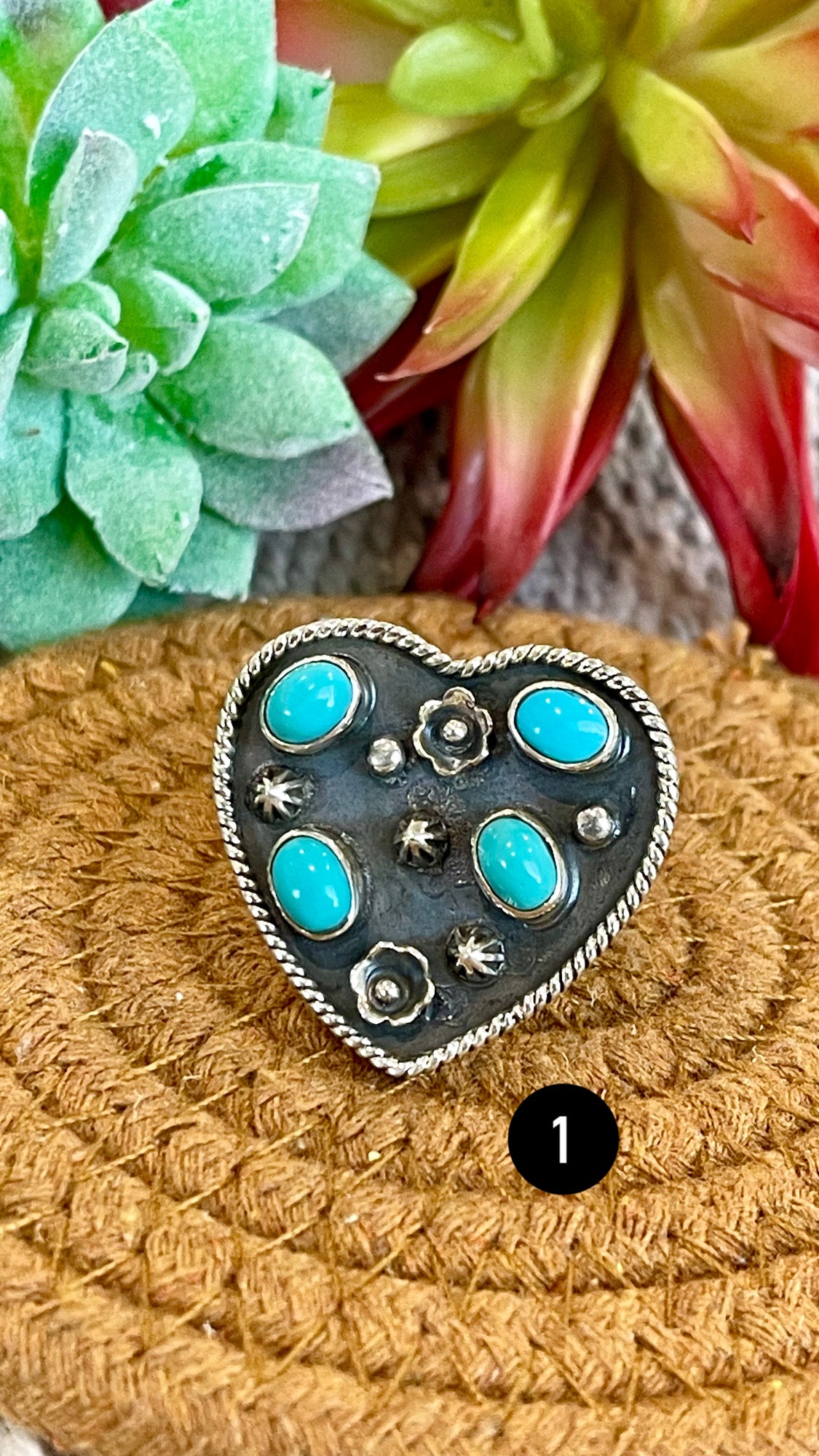 Southwest Handmade Kingman Turquoise & Sterling Silver Adjustable Heart Ring