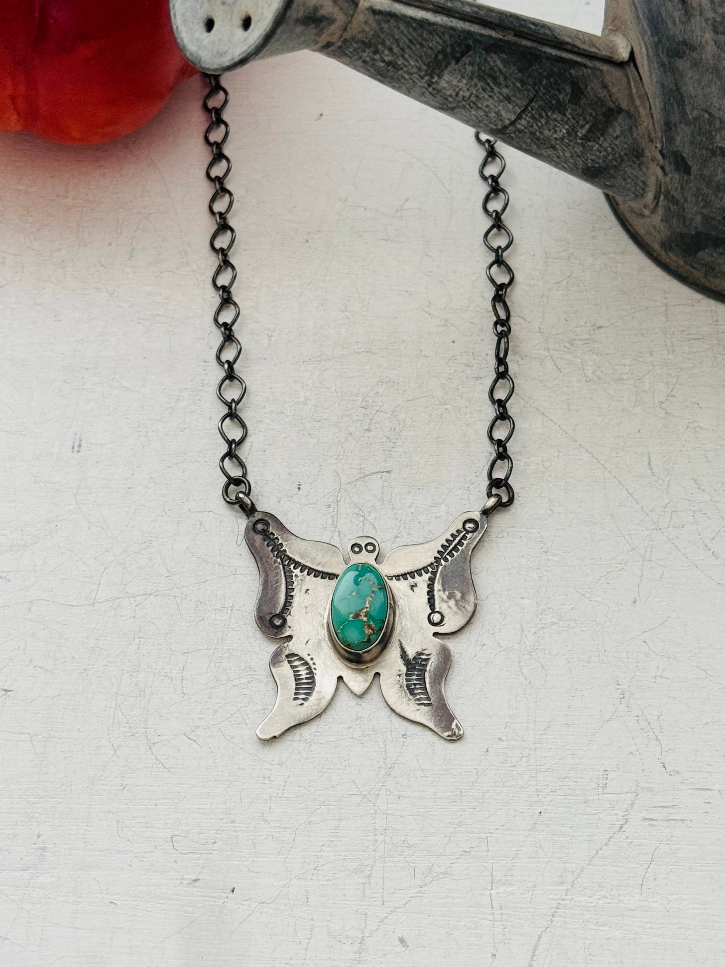 Navajo Made Royston Turquoise & Sterling Silver Butterfly Necklace