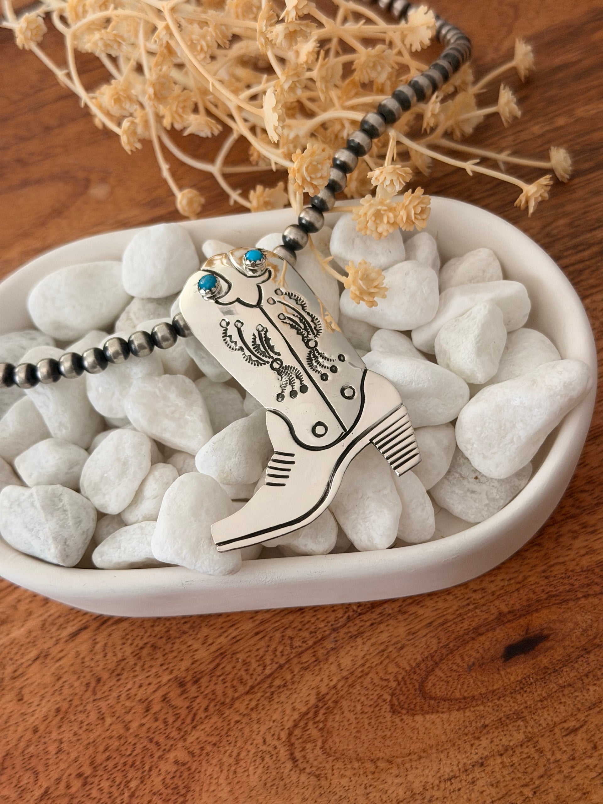 Navajo Made Kingman Turquoise & Sterling Silver Boot Pendant
