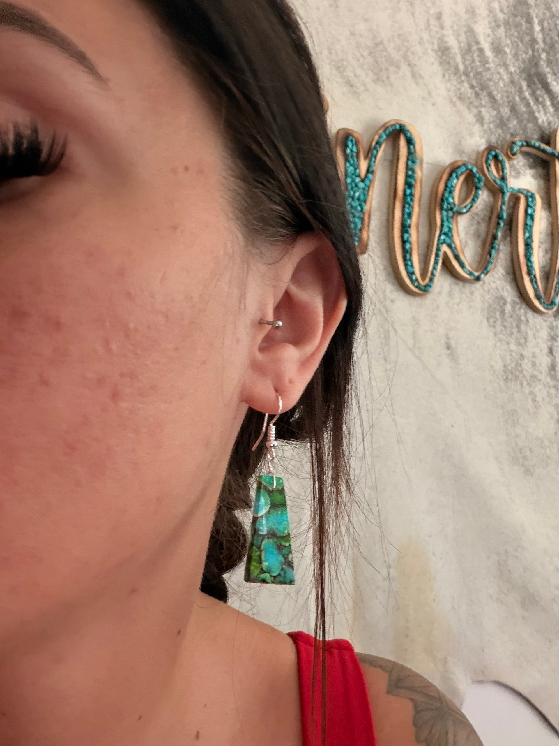 Navajo Made Green Mohave Turquoise & Sterling Silver Slab Dangle Earrings