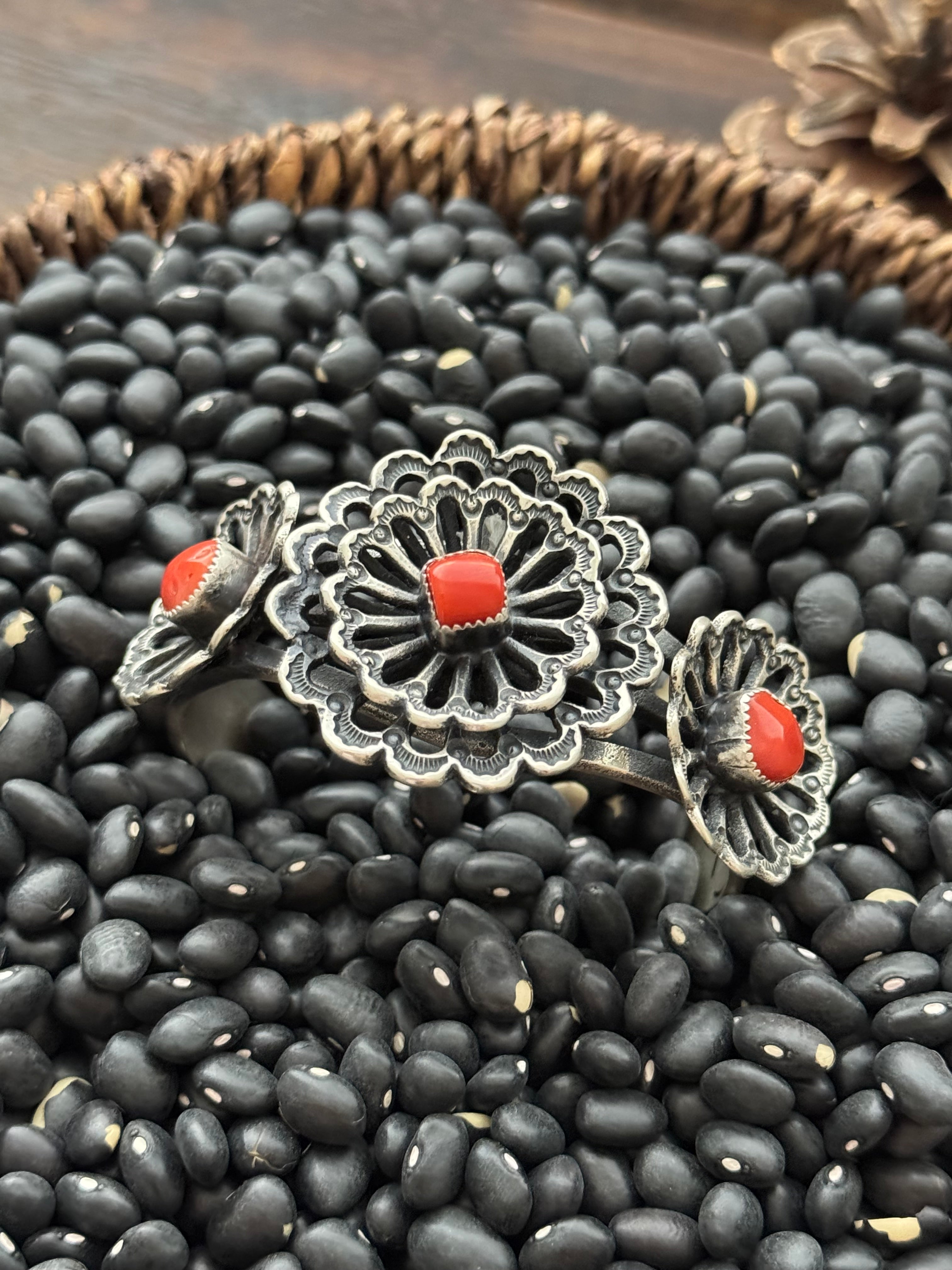 Kindale Billah Mediterranean Coral & Sterling Silver Flower Cuff Bracelet