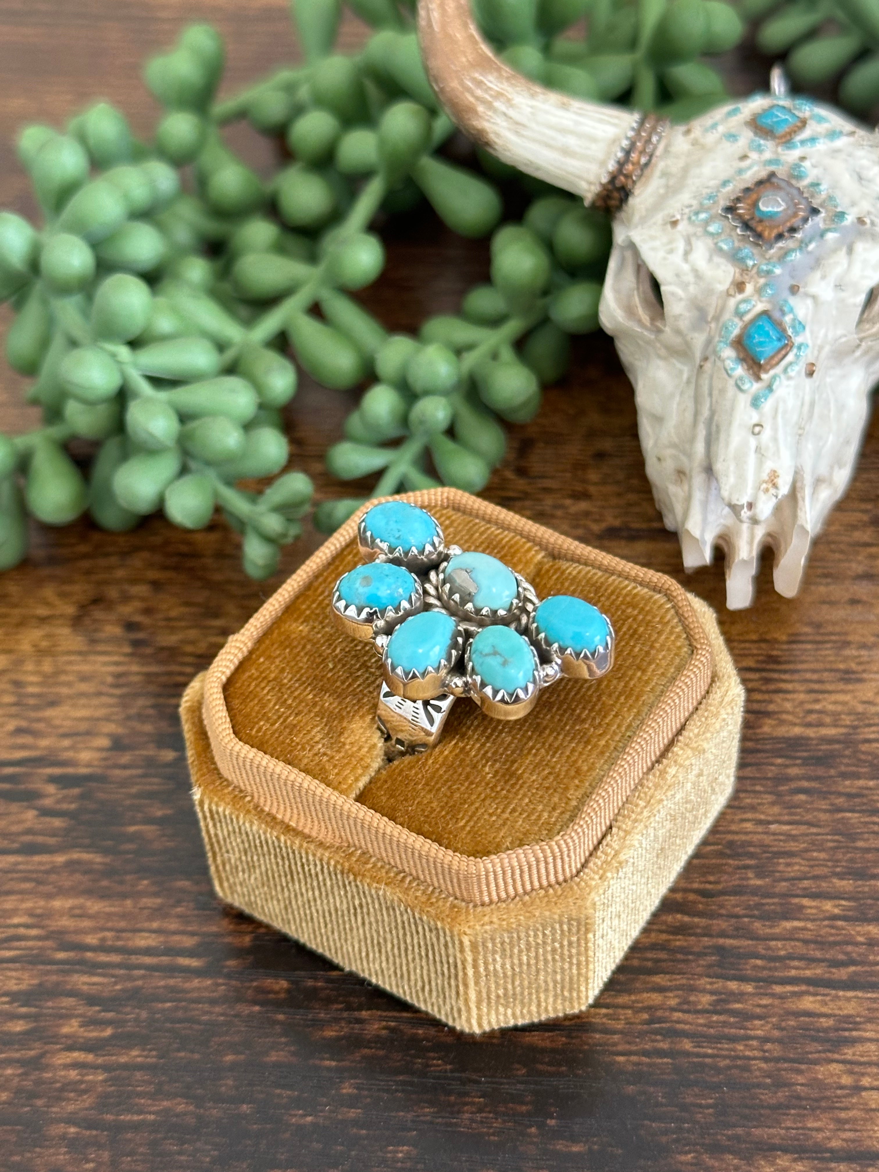 Southwest Handmade Kingman Turquoise & Sterling Silver Adjustable Cluster Ring