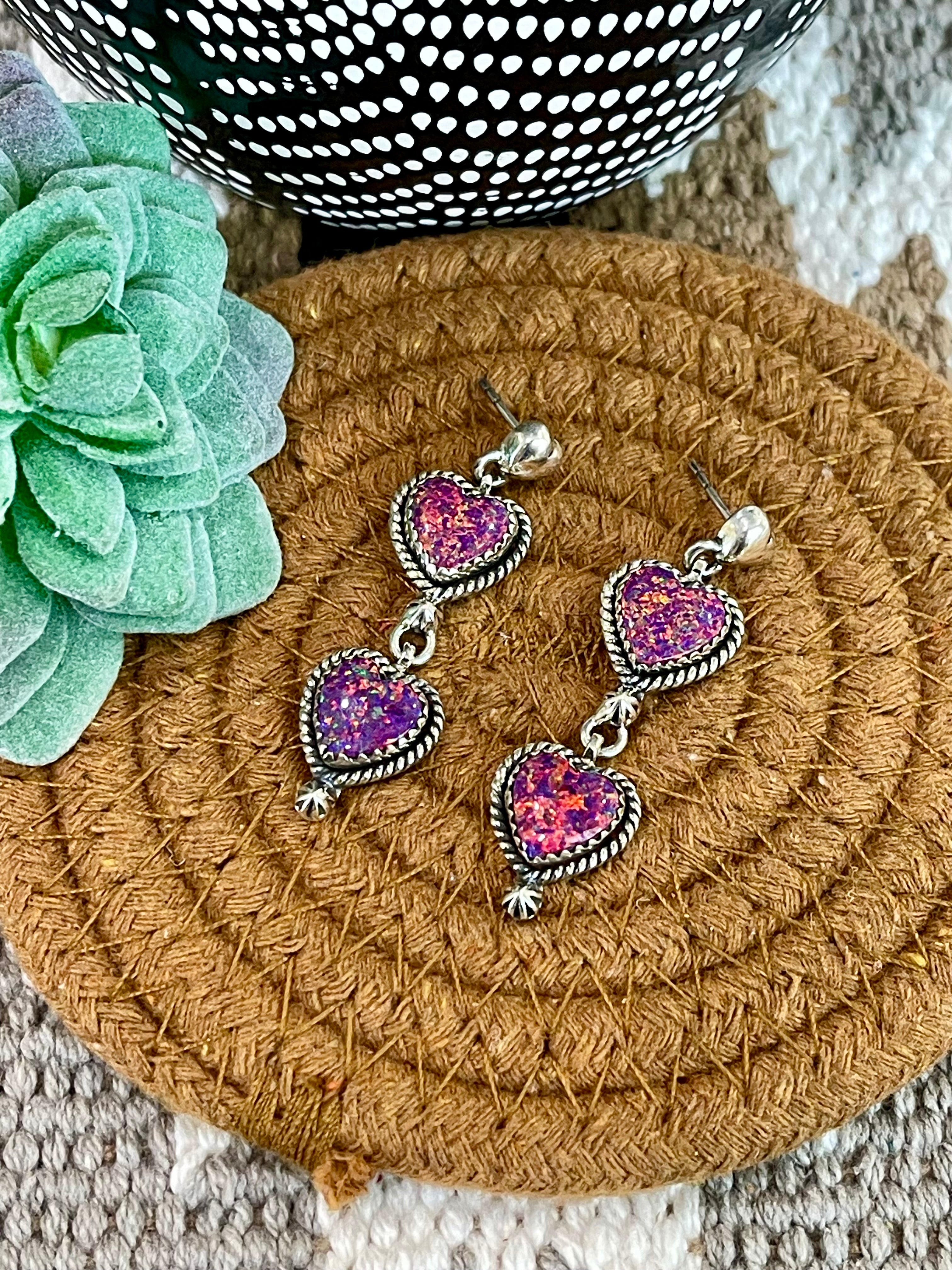 Southwest Handmade Opal & Sterling Silver Post Dangle Heart Earrings