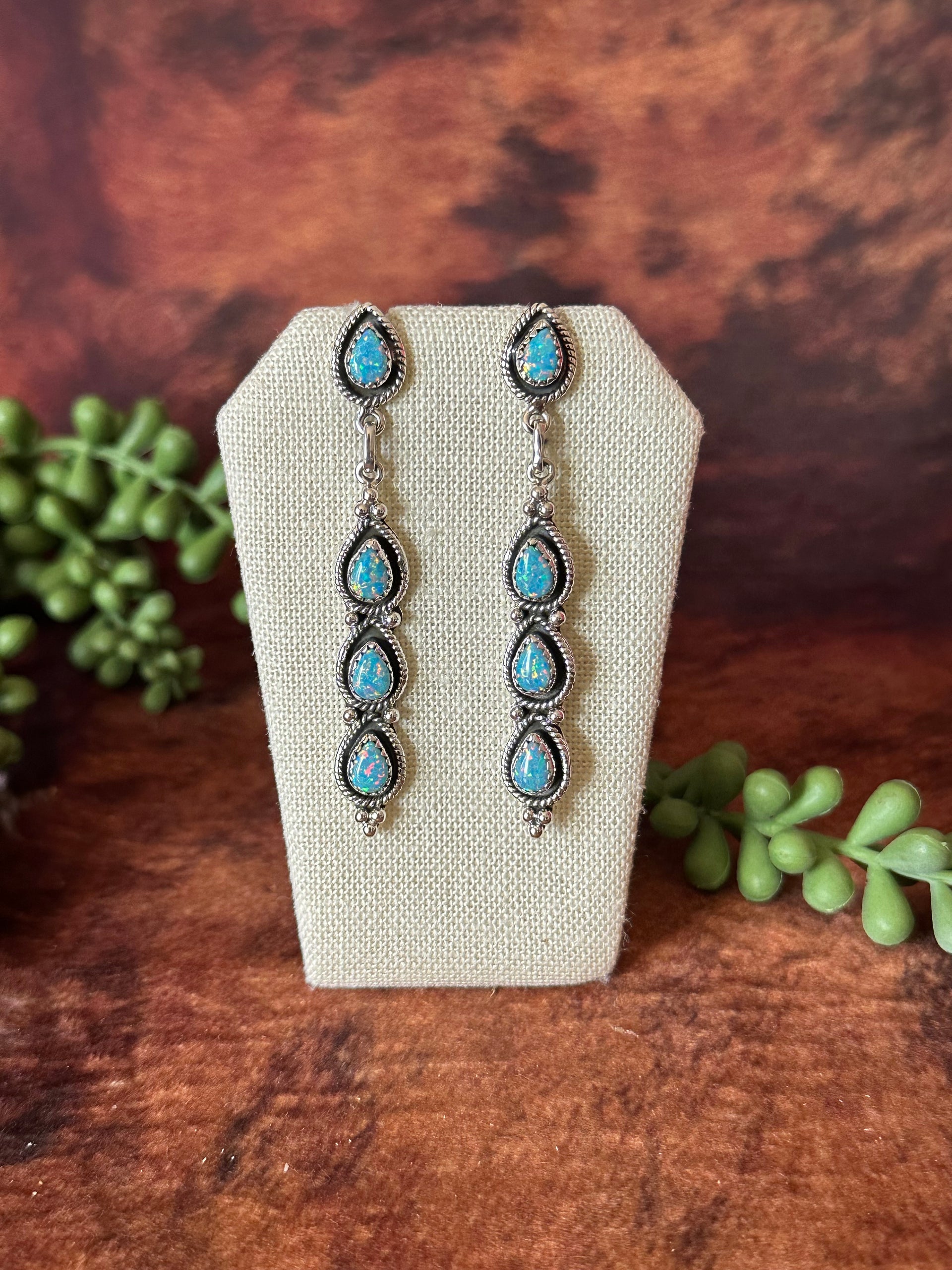 Southwest Handmade Blue Opal & Sterling Silver Post Dangle Earrings