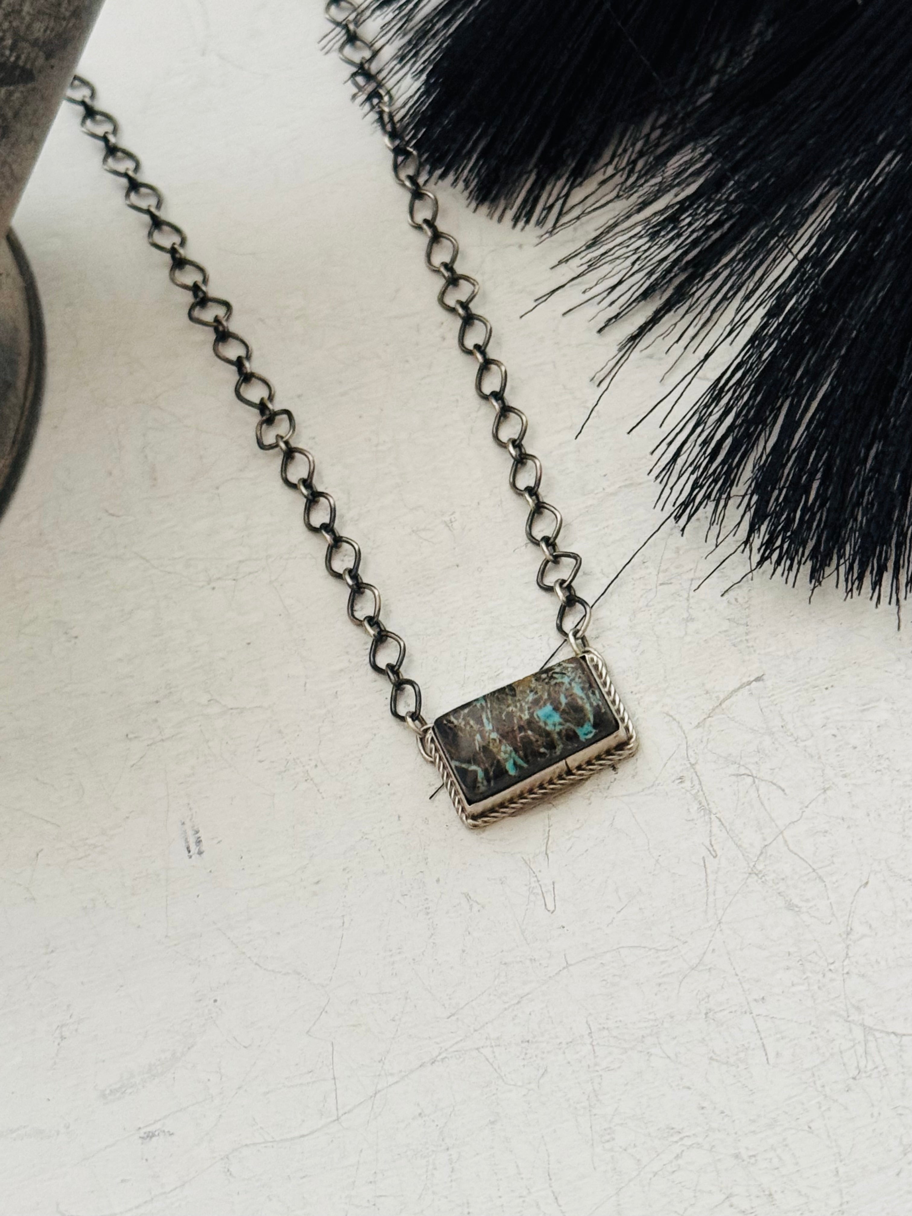 Navajo Made Blue Moon & Sterling Silver Bar Necklace