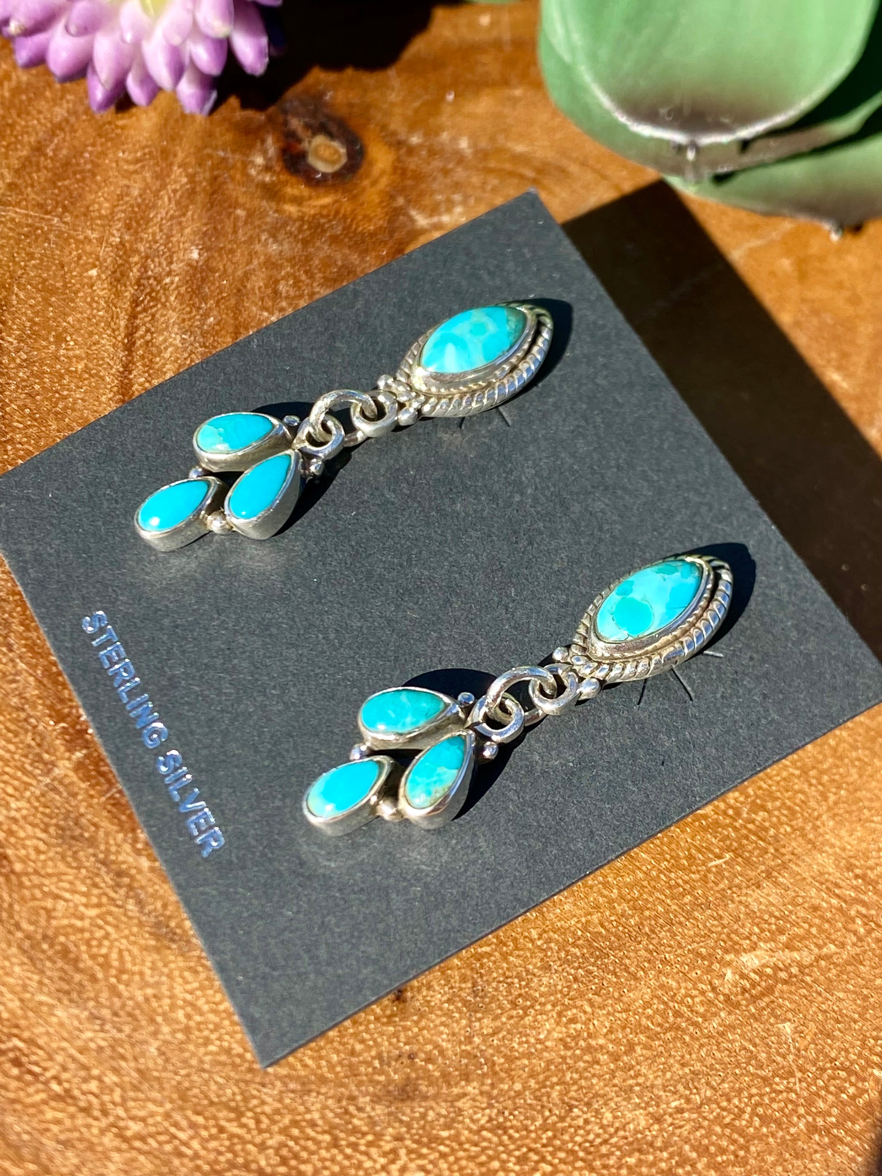 Southwest Handmade Kingman Turquoise & Sterling Silver Post Dangle Earrings