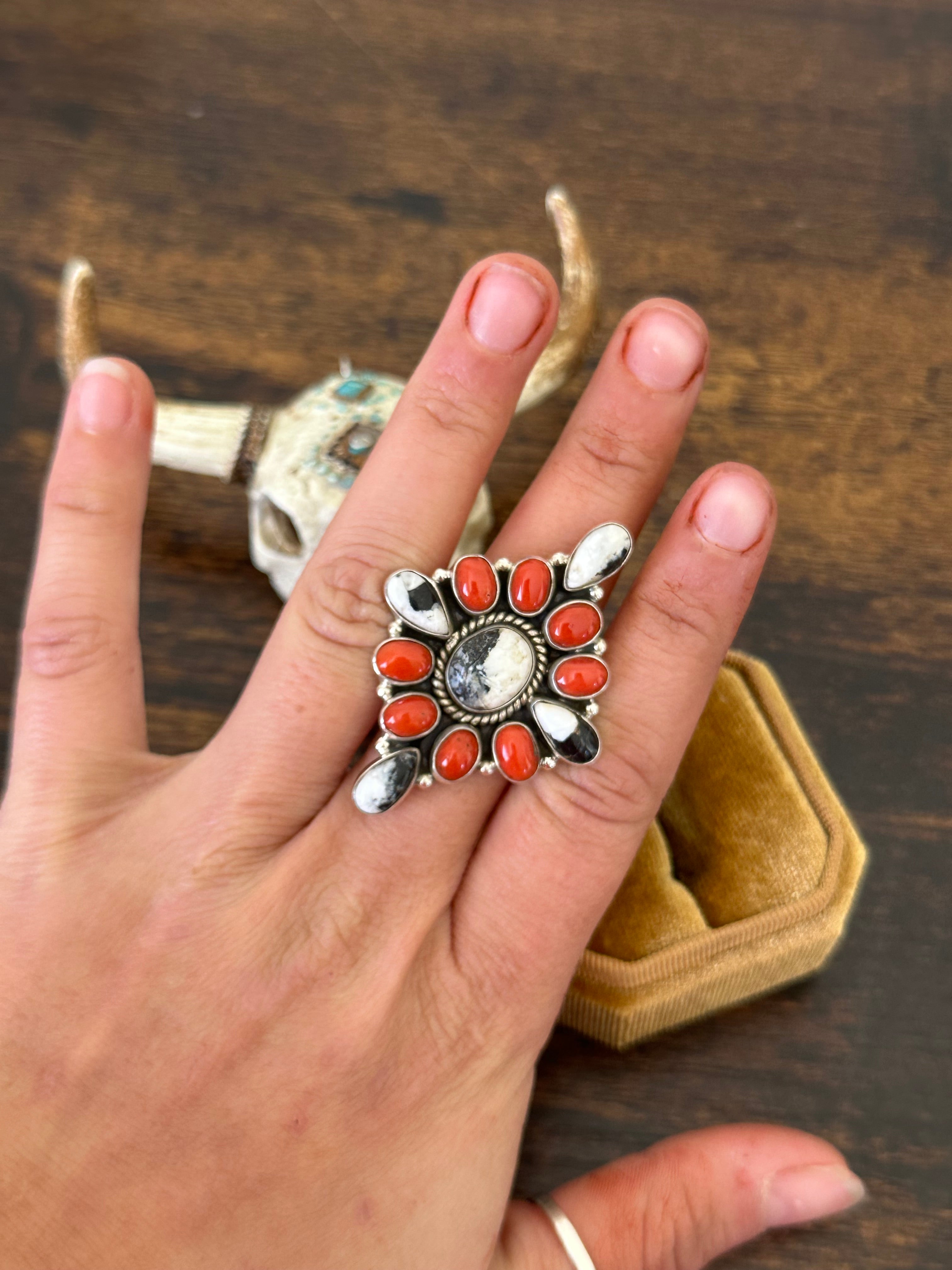 Southwest Handmade Multi Stone & Sterling Silver Cluster Adjustable Ring