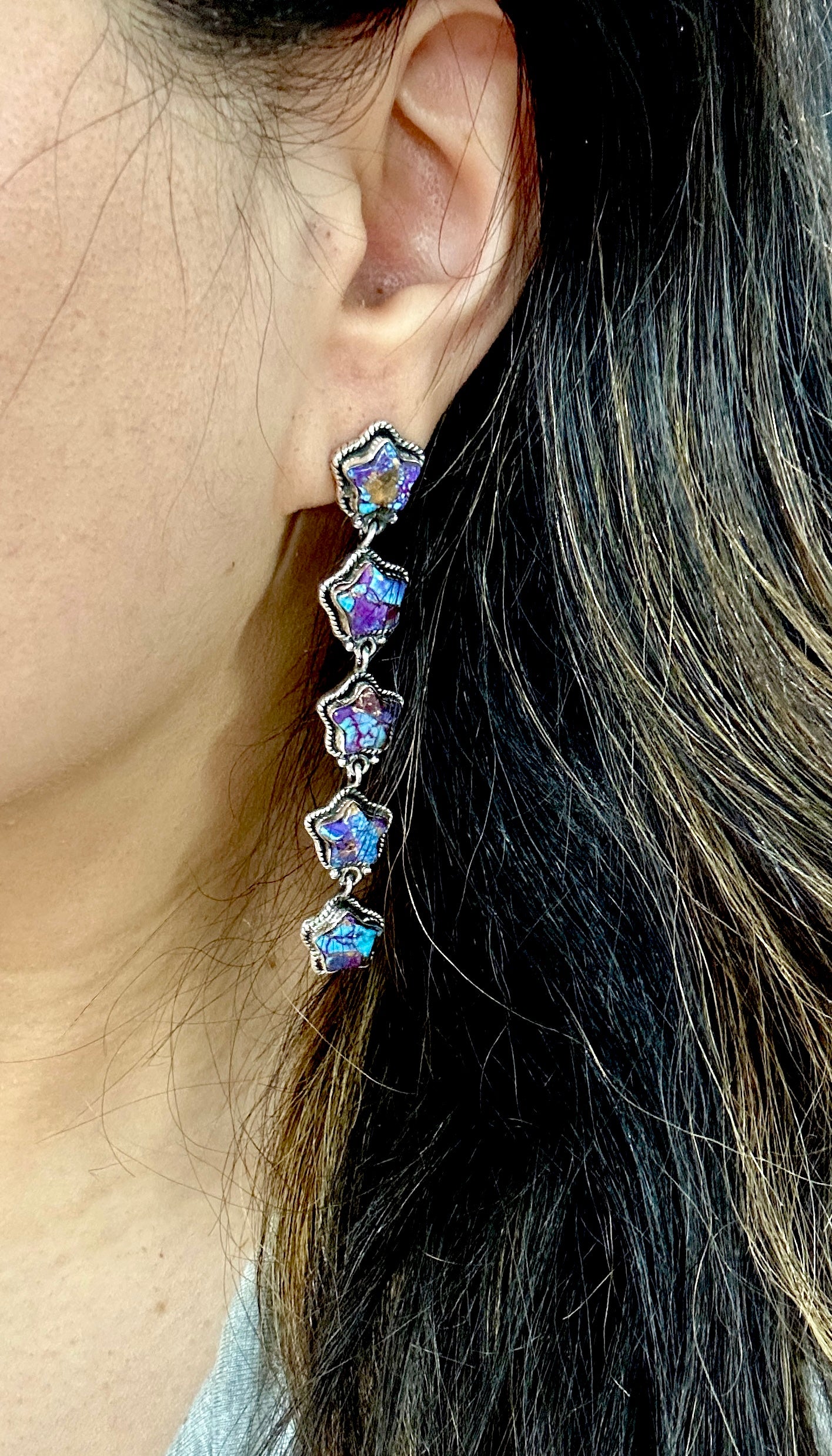 Southwest Handmade Purple Mohave Turquoise & Sterling Silver Star Post Dangle Earrings
