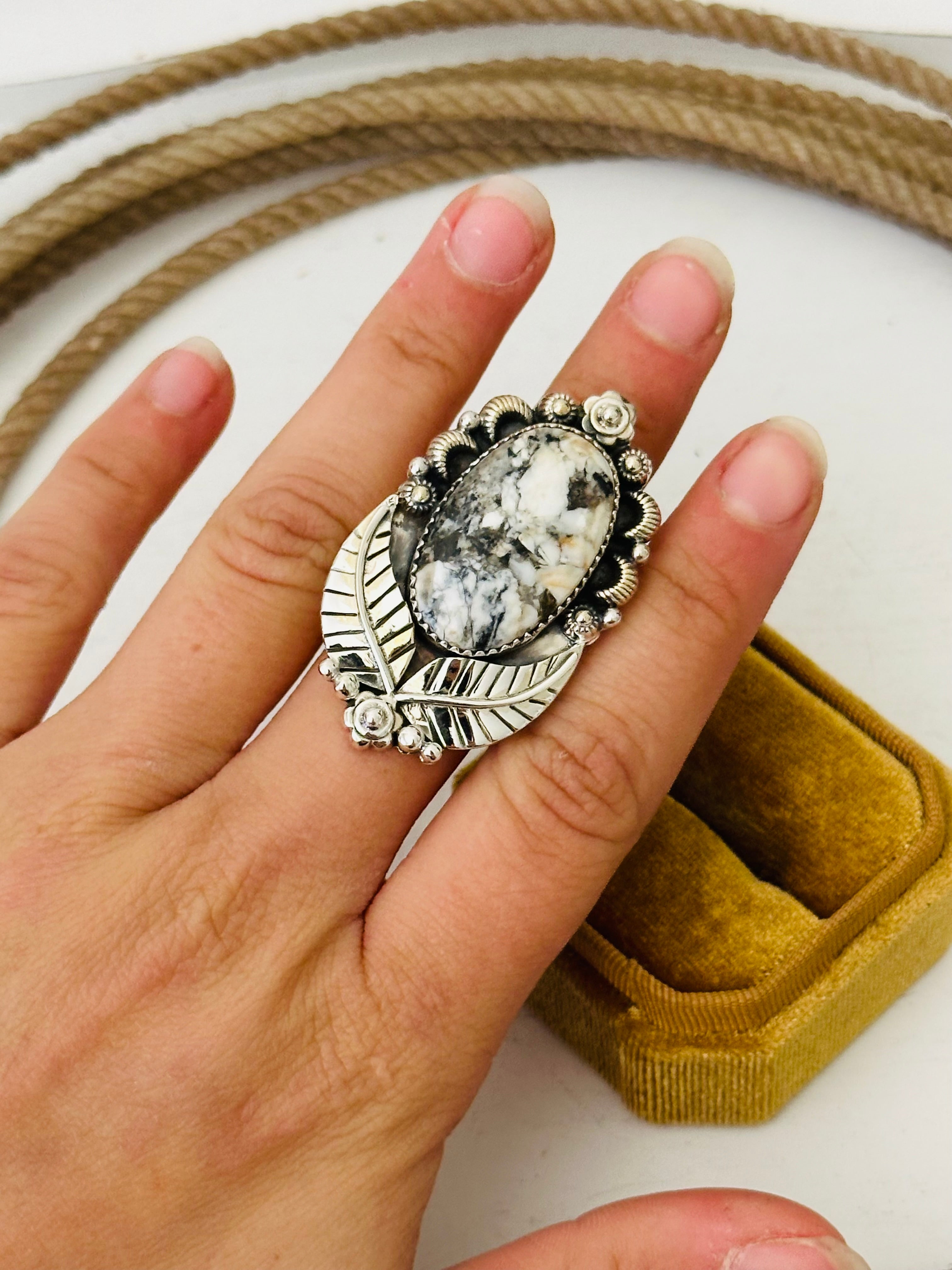 Southwest Handmade White Buffalo & Sterling Silver Adjustable Ring