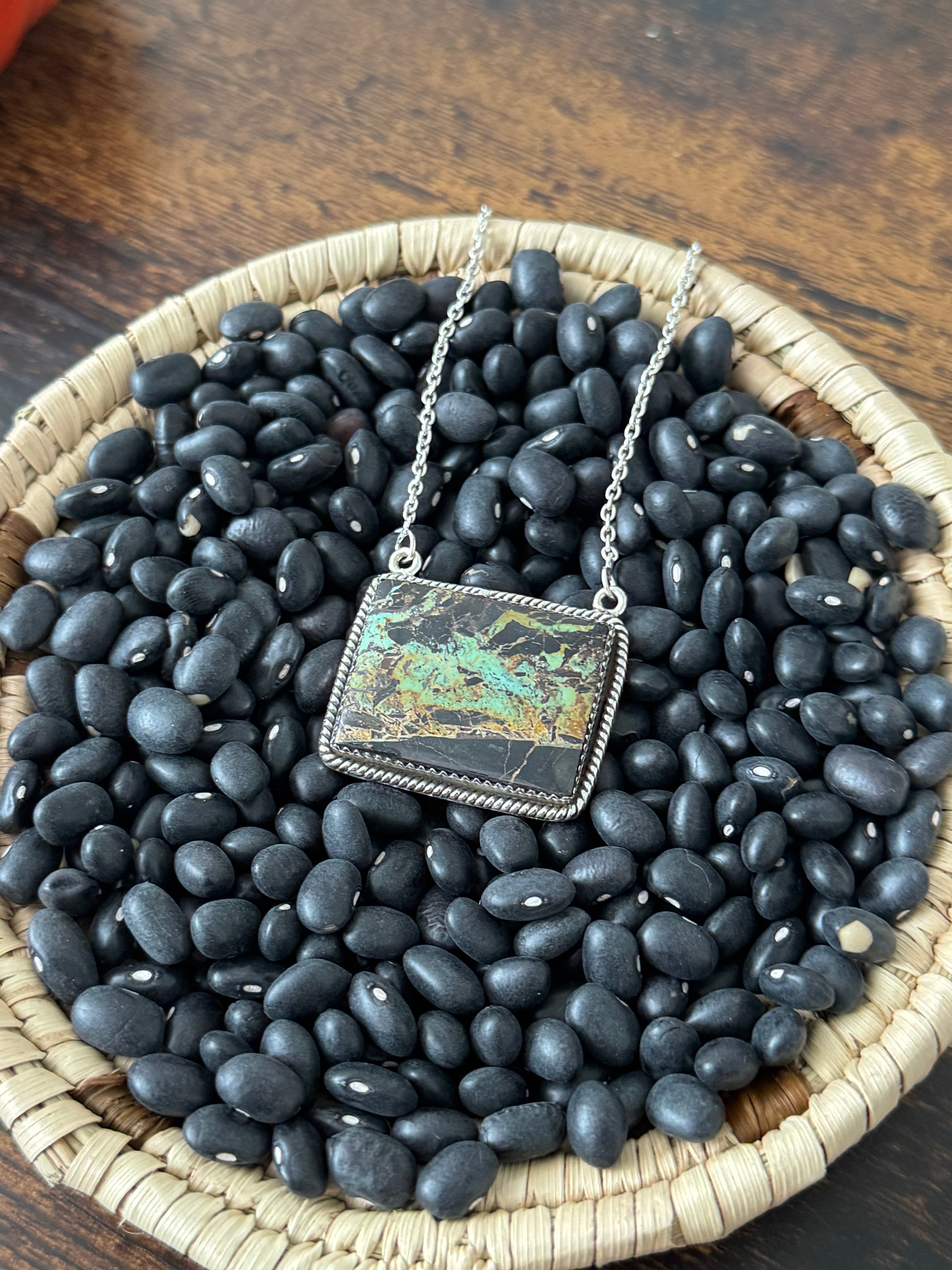 Southwest Handmade Black Jack Turquoise & Sterling Silver Bar Necklace