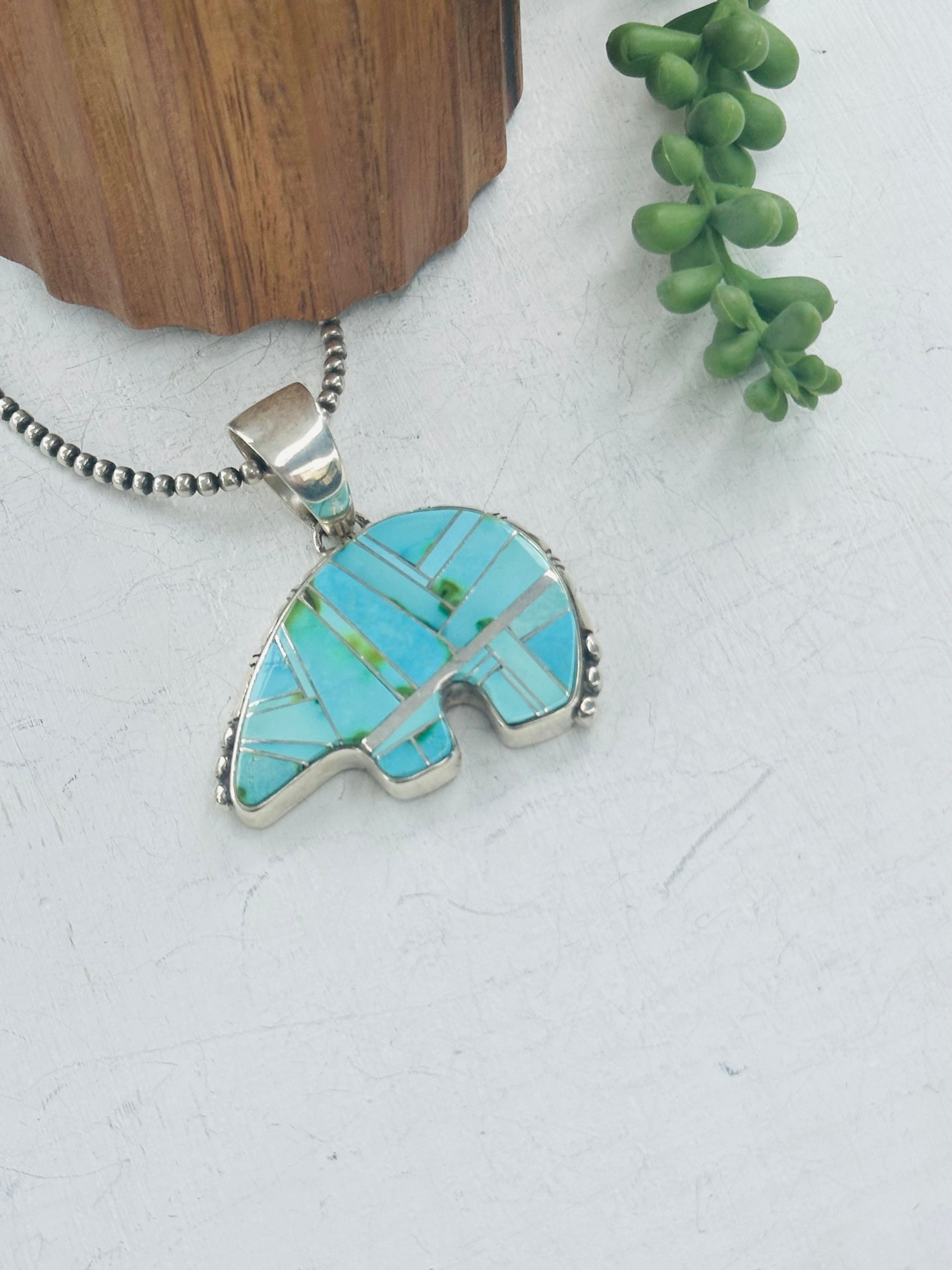 Navajo Made Sonoran Mountain Turquoise & Sterling Silver Inlay Bear Pendant