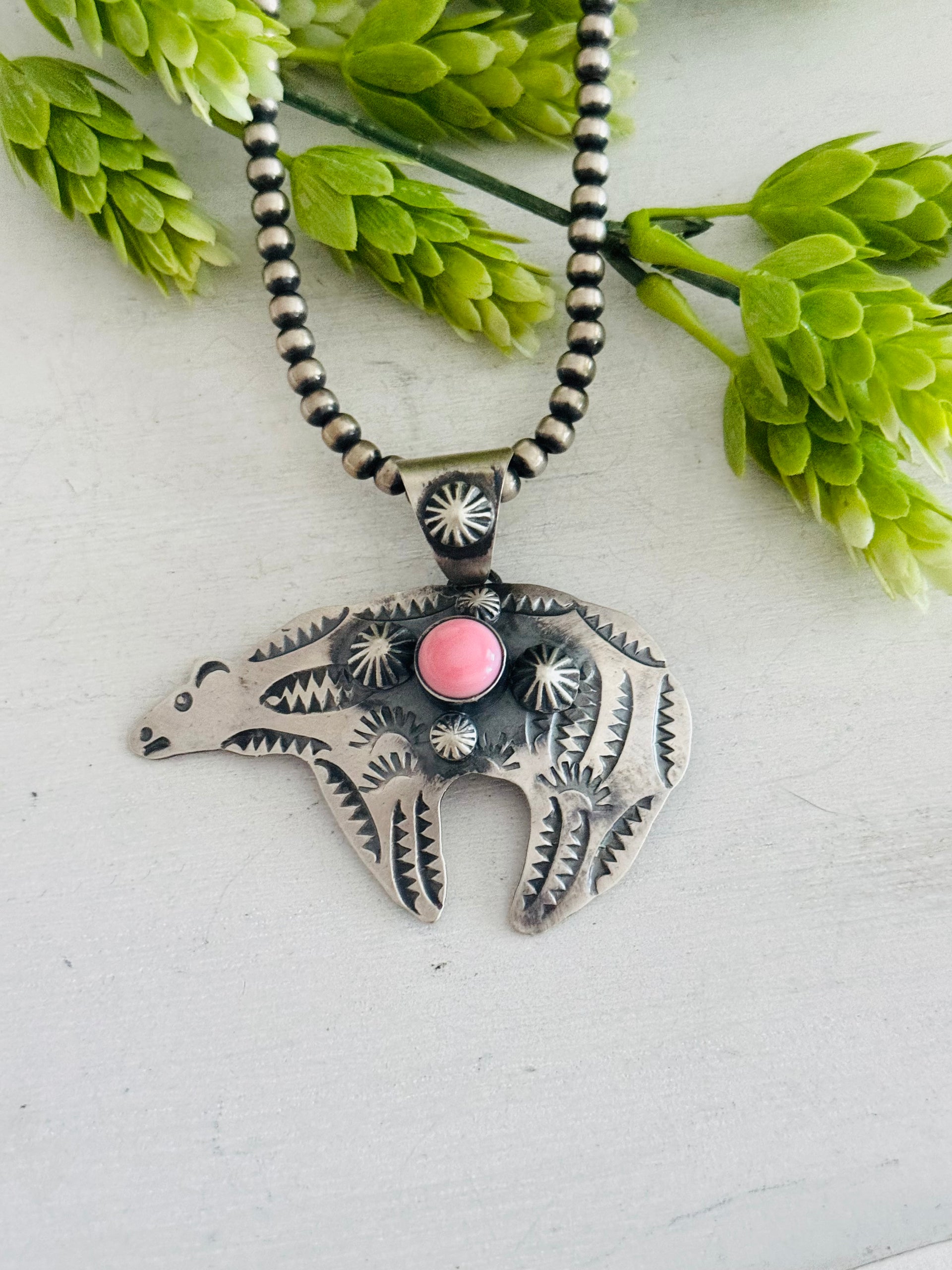 Chimney Butte Pink Conch & Sterling Silver Bear Pendant