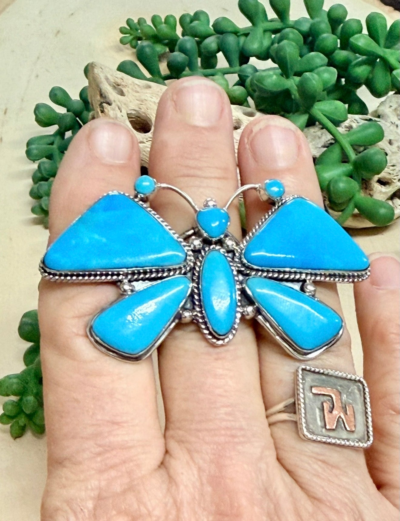 Southwest Handmade Kingman Turquoise & Sterling Silver Butterfly Ring Size 10